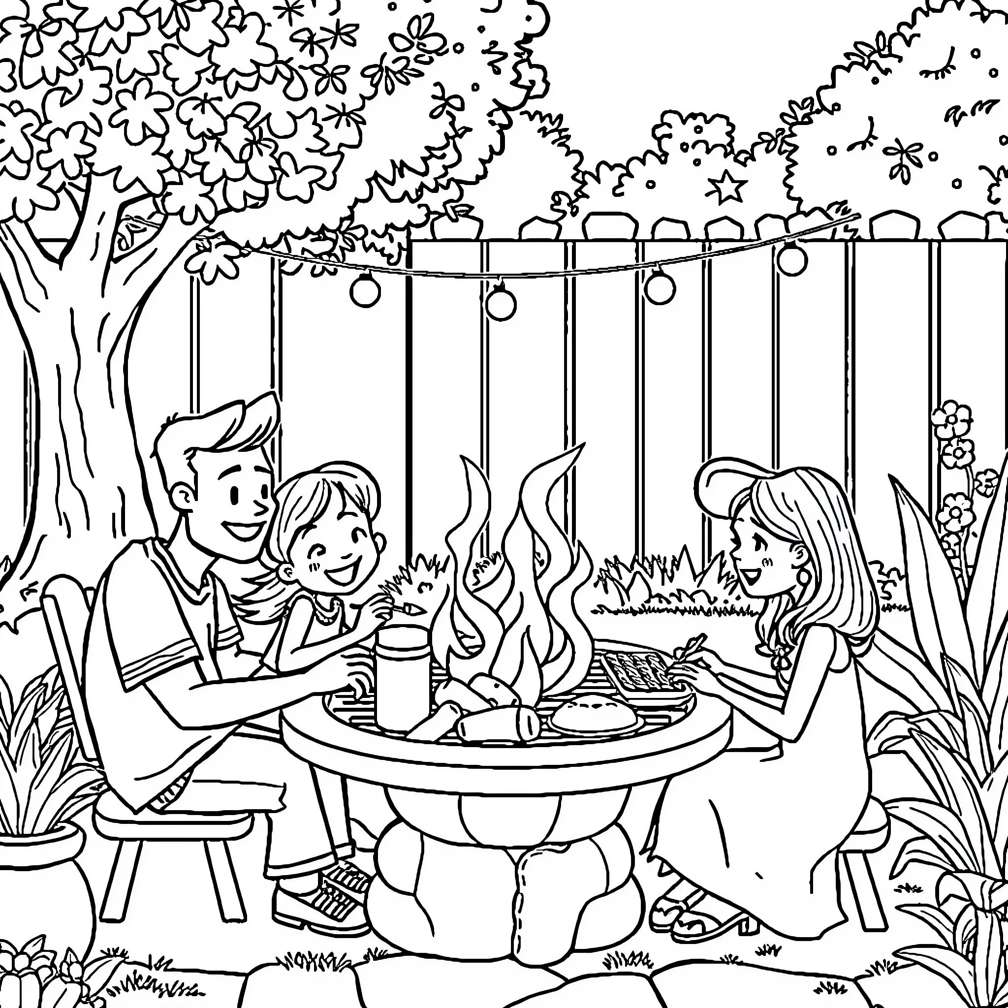 Family Enjoying Outdoor Picnic in Blooming Garden Coloring Page (free black-and-white line drawing printable PDF for all, from beginners to advanced learners, including children, teens, adults, and seniors)