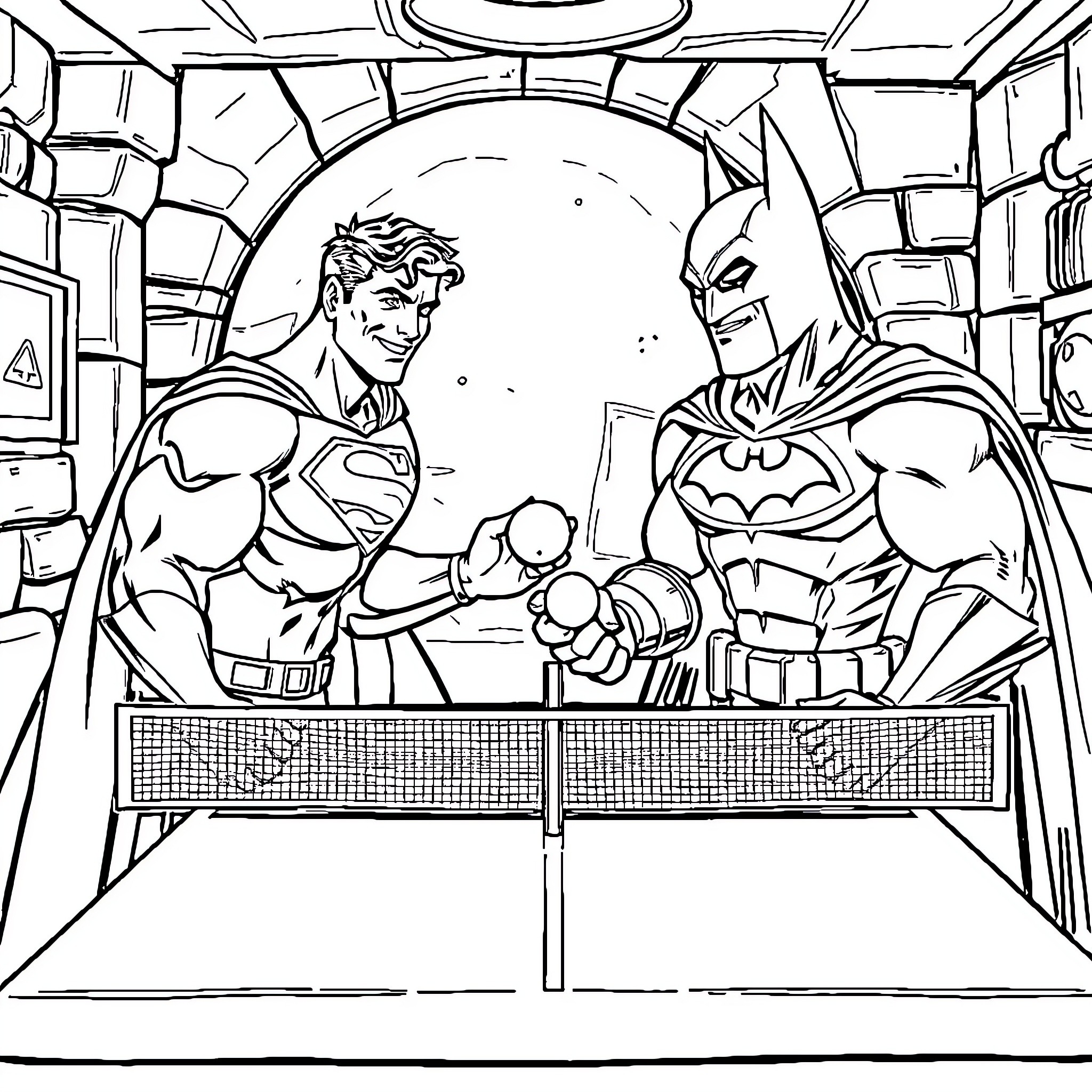 Superman and Batman Heroic Showdown Coloring Page (free black-and-white line drawing printable PDF for all, from beginners to advanced learners, including children, teens, adults, and seniors)