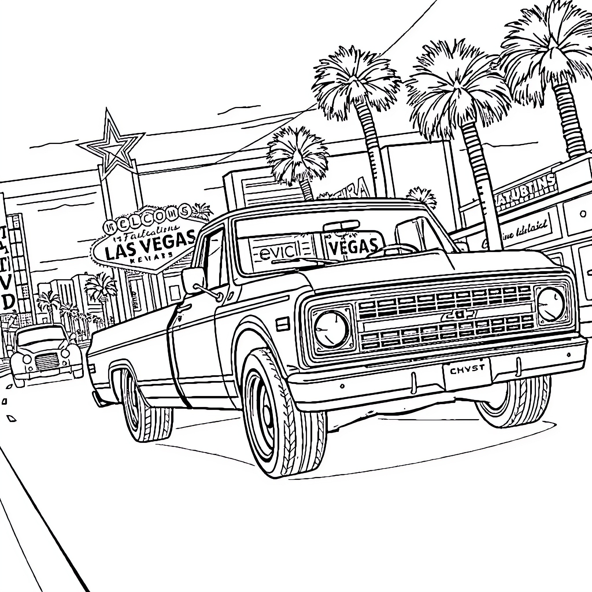 Chevy C-10 truck cruising through the streets of Las Vegas Coloring Page (free black-and-white line drawing printable PDF for all, from beginners to advanced learners, including children, teens, adults, and seniors)