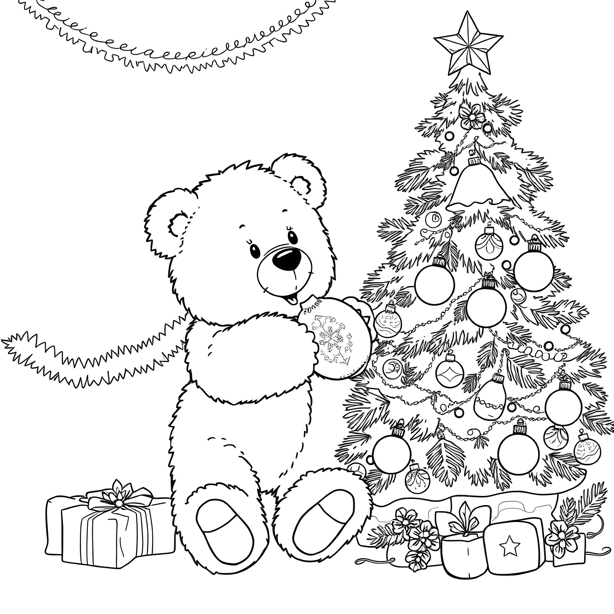 Teddy Bear celebrating Christmas with decorated tree Coloring Page (free black-and-white line drawing printable PDF for all, from beginners to advanced learners, including children, teens, adults, and seniors)