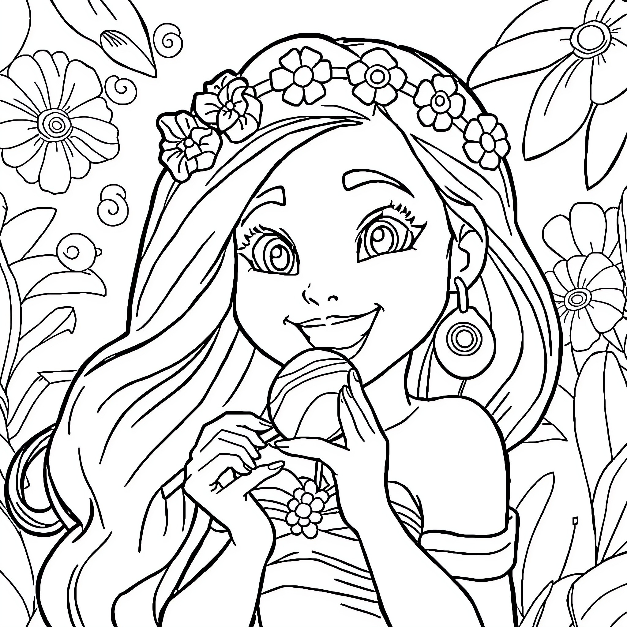 Vaiana surrounded by vibrant flowers and nature Coloring Page (free black-and-white line drawing printable PDF for all, from beginners to advanced learners, including children, teens, adults, and seniors)
