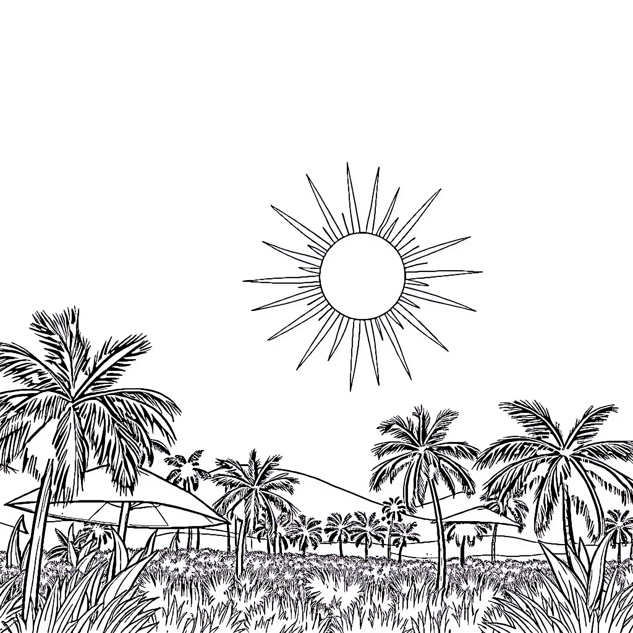 Heat of the Tropical Landscape Coloring Page (free black-and-white line drawing printable PDF for all, from beginners to advanced learners, including children, teens, adults, and seniors)
