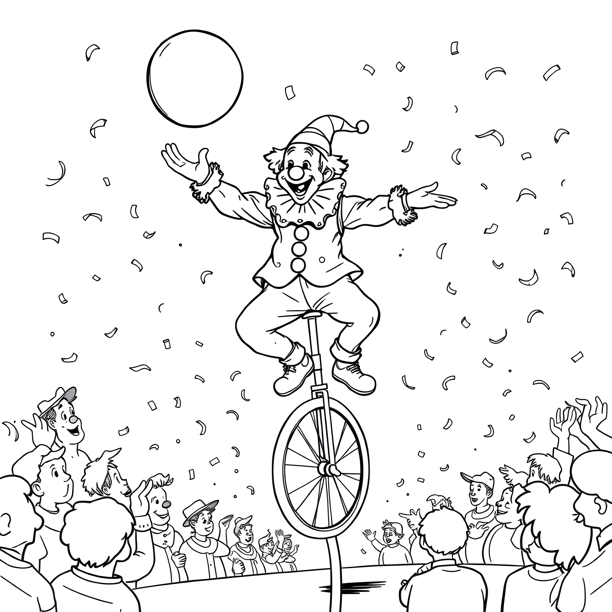 Clown performing acrobatic stunts on a unicycle in front of a crowd Coloring Page (free black-and-white line drawing printable PDF for all, from beginners to advanced learners, including children, teens, adults, and seniors)
