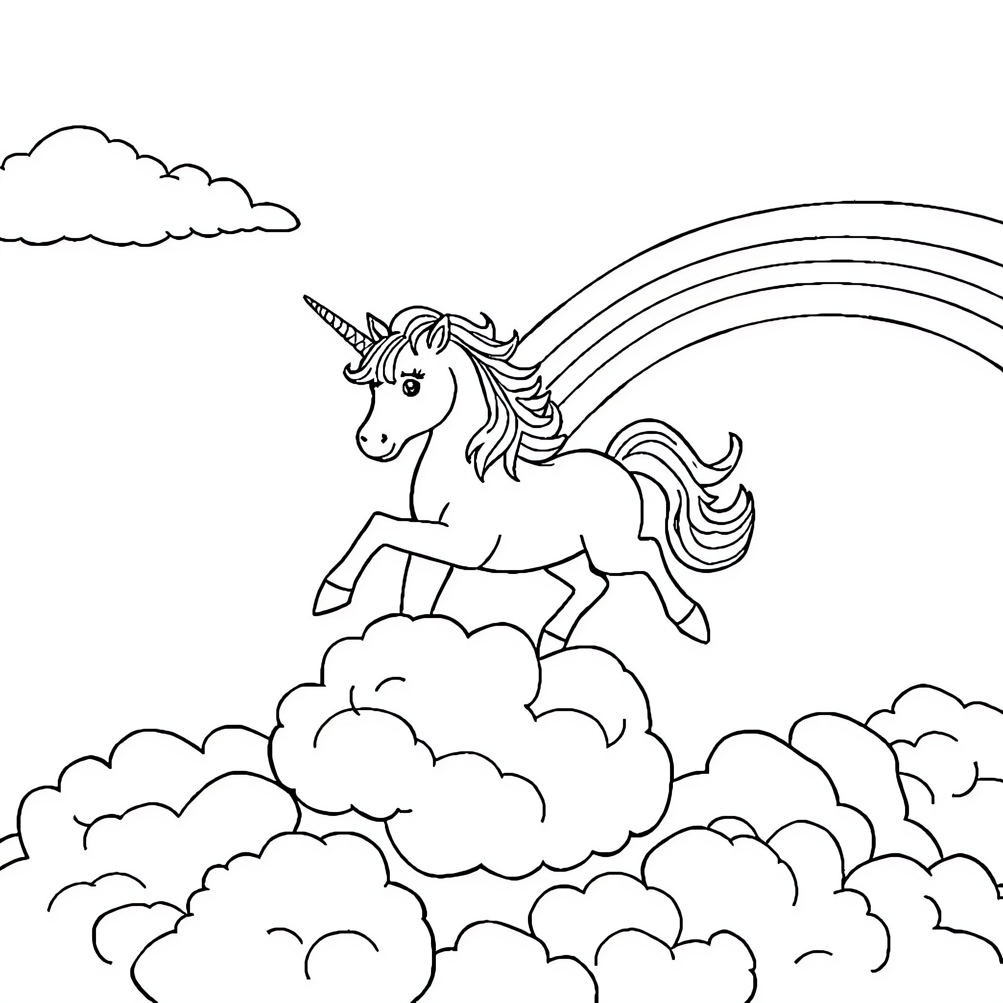 Unicorn galloping through magical clouds and rainbow Coloring Page (free black-and-white line drawing printable PDF for all, from beginners to advanced learners, including children, teens, adults, and seniors)