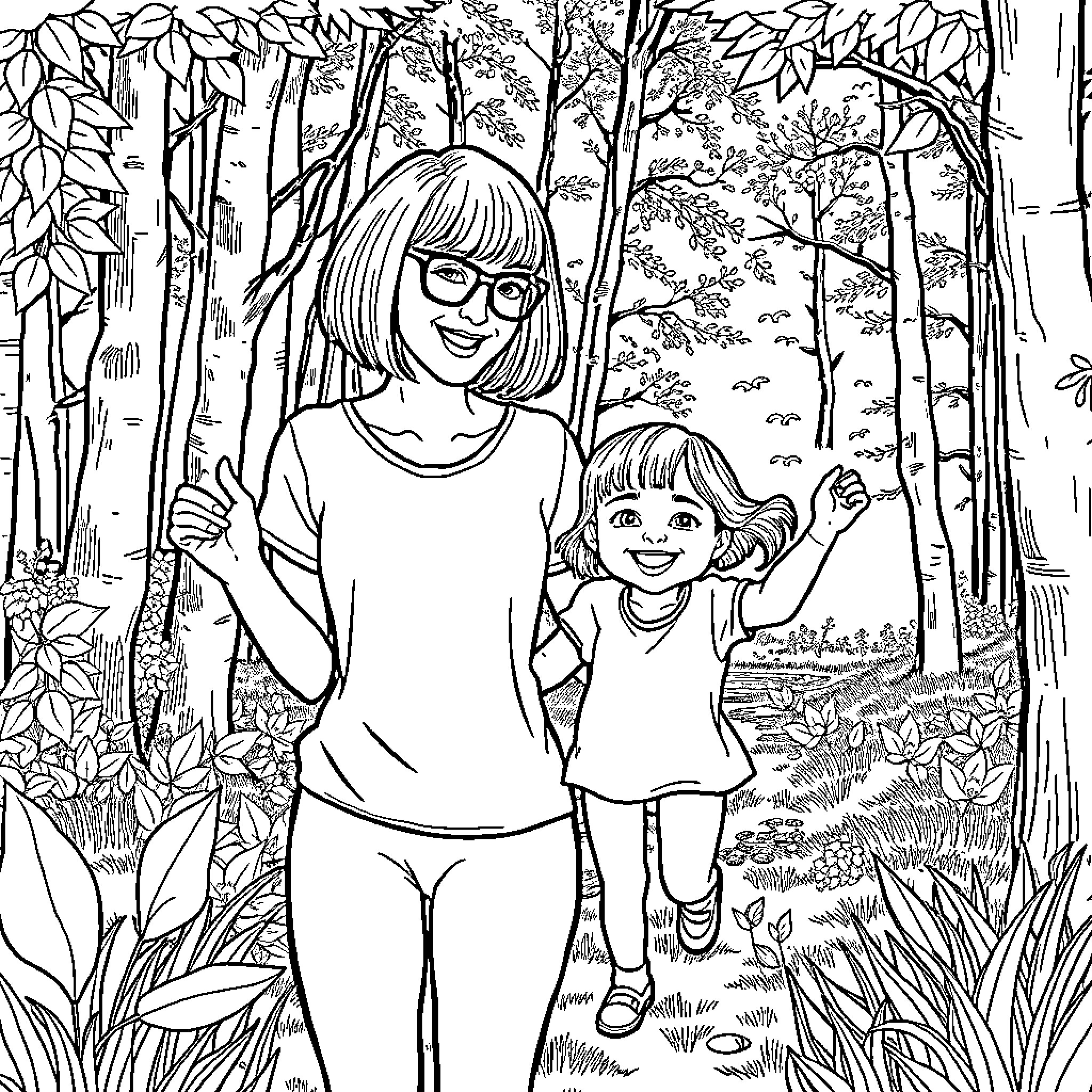 Woman and child exploring the forest Coloring Page (free black-and-white line drawing printable PDF for all, from beginners to advanced learners, including children, teens, adults, and seniors)
