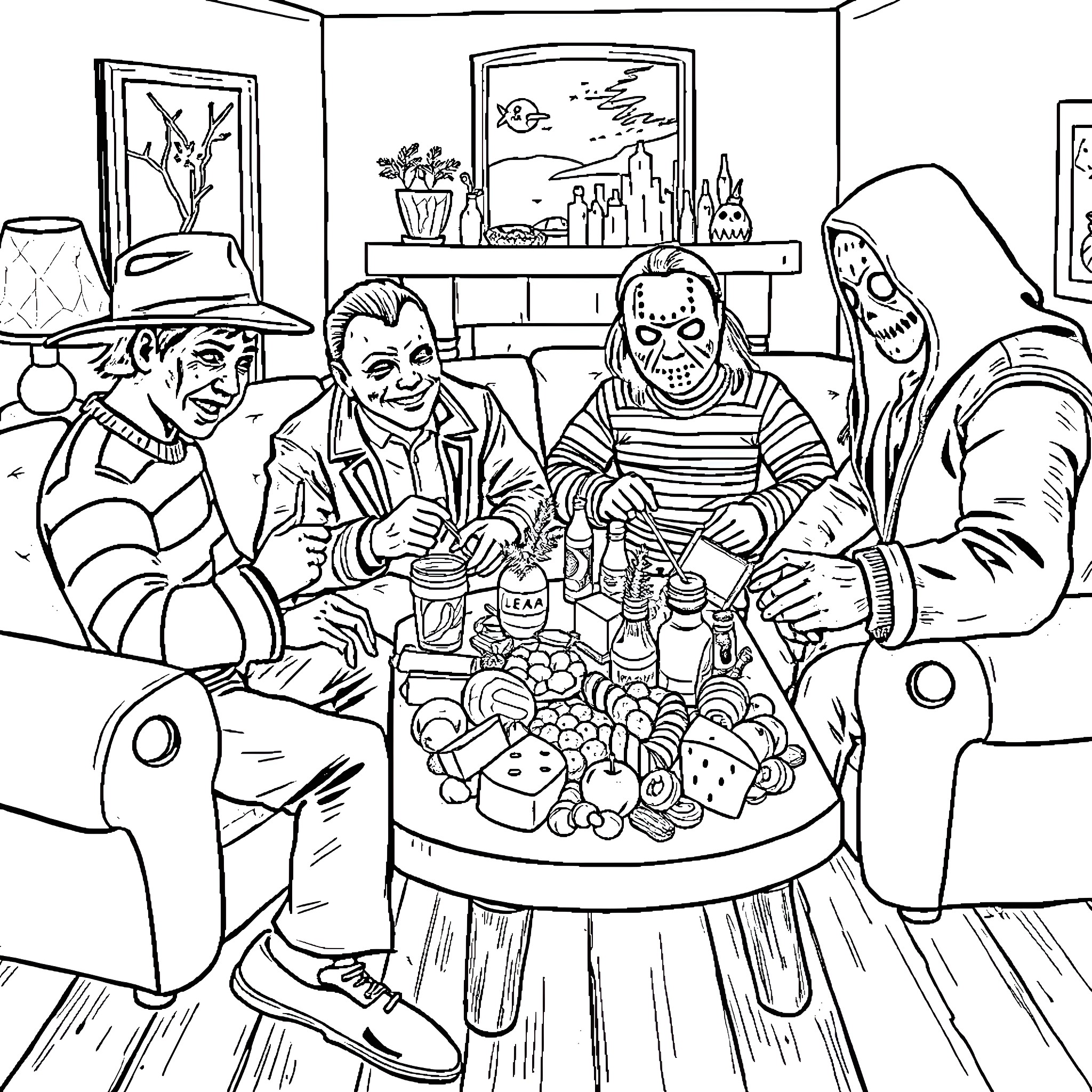 Horror Characters Gathered for a Sinister Gathering Coloring Page (free black-and-white line drawing printable PDF for all, from beginners to advanced learners, including children, teens, adults, and seniors)