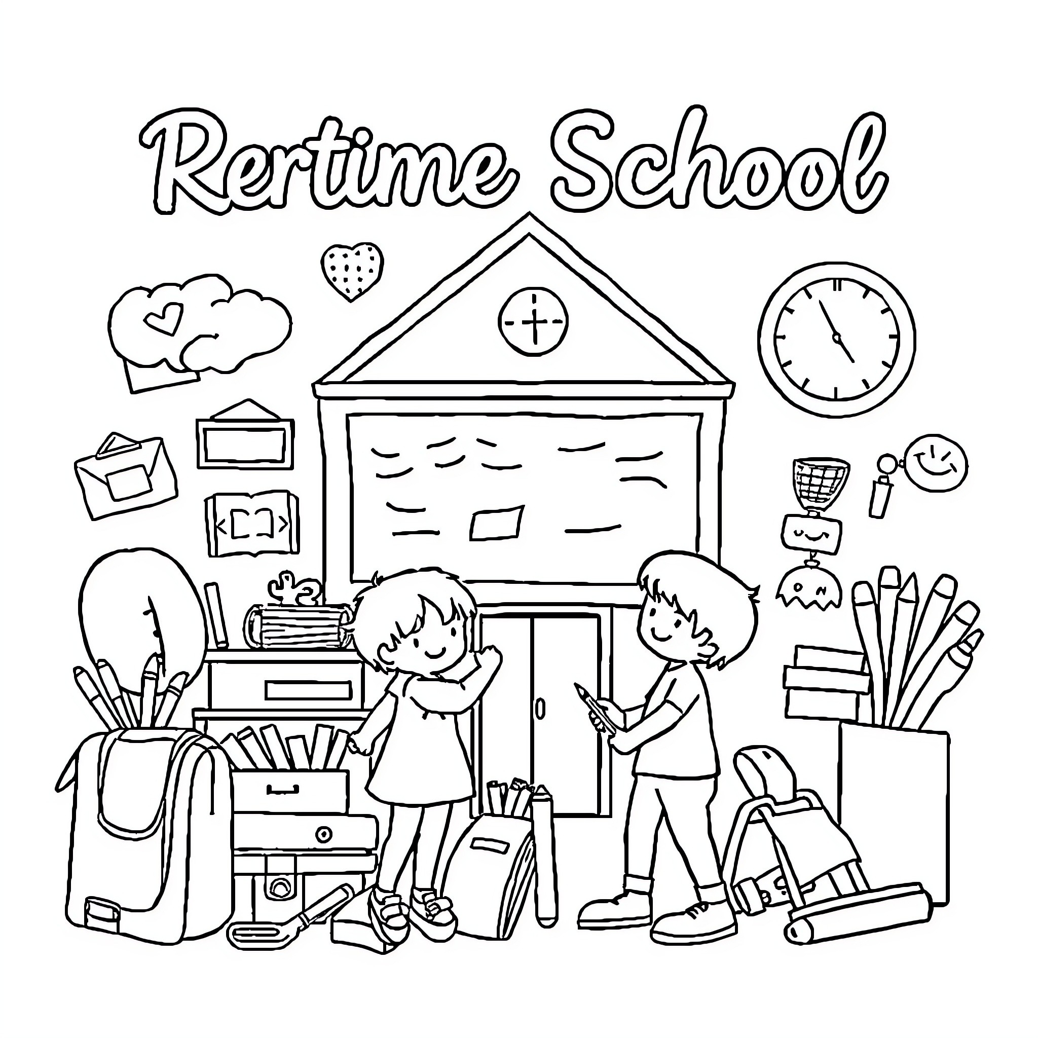 School Scene with Student Activities Coloring Page (free black-and-white line drawing printable PDF for all, from beginners to advanced learners, including children, teens, adults, and seniors)