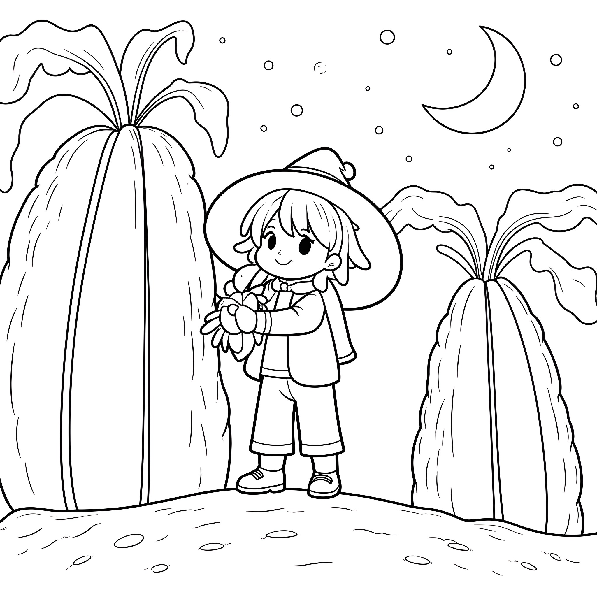 Anime 3rd Grader Exploring Nighttime Nature Coloring Page (free black-and-white line drawing printable PDF for all, from beginners to advanced learners, including children, teens, adults, and seniors)
