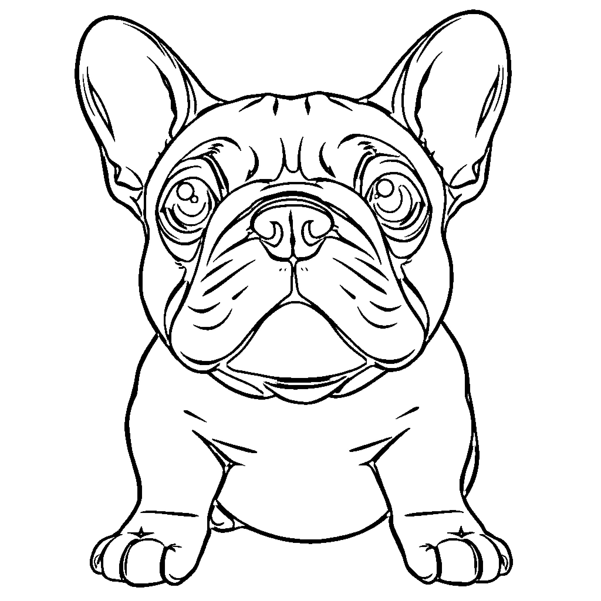 Frenchie pup with expressive eyes and pensive look Coloring Page (free black-and-white line drawing printable PDF for all, from beginners to advanced learners, including children, teens, adults, and seniors)