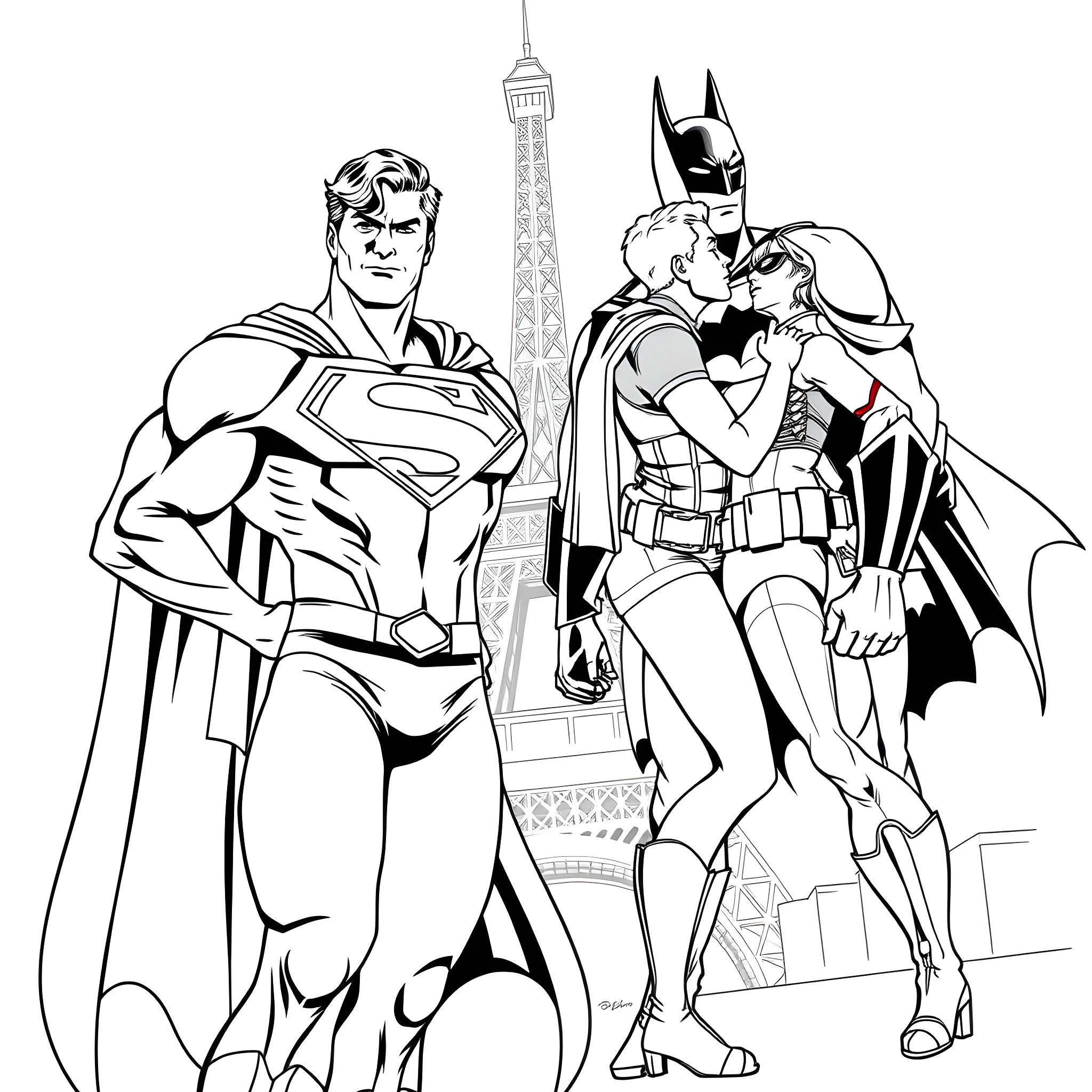 Superman and Batman stand heroically in Paris Coloring Page (free black-and-white line drawing printable PDF for all, from beginners to advanced learners, including children, teens, adults, and seniors)