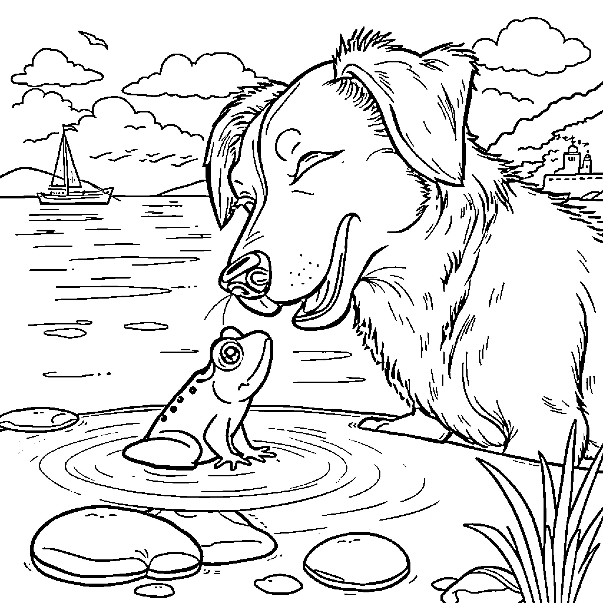 Dog Gazing at Frog in Pond near Sailboat Coloring Page (free black-and-white line drawing printable PDF for all, from beginners to advanced learners, including children, teens, adults, and seniors)