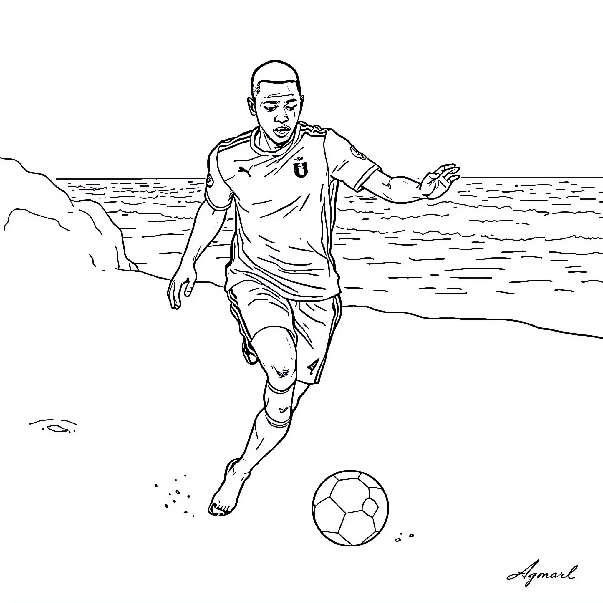Mbappe running with ball on the beach Coloring Page (free black-and-white line drawing printable PDF for all, from beginners to advanced learners, including children, teens, adults, and seniors)