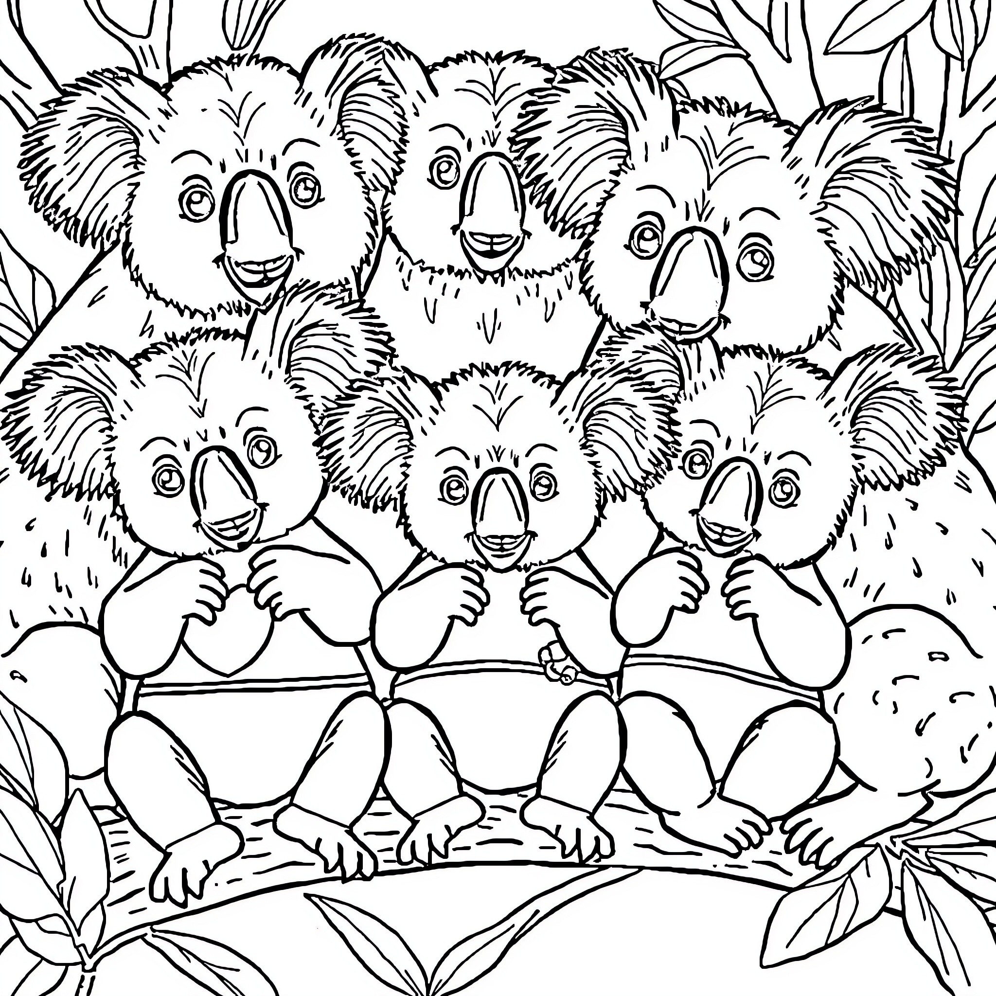 Koalas gathered happily in the forest Coloring Page (free black-and-white line drawing printable PDF for all, from beginners to advanced learners, including children, teens, adults, and seniors)