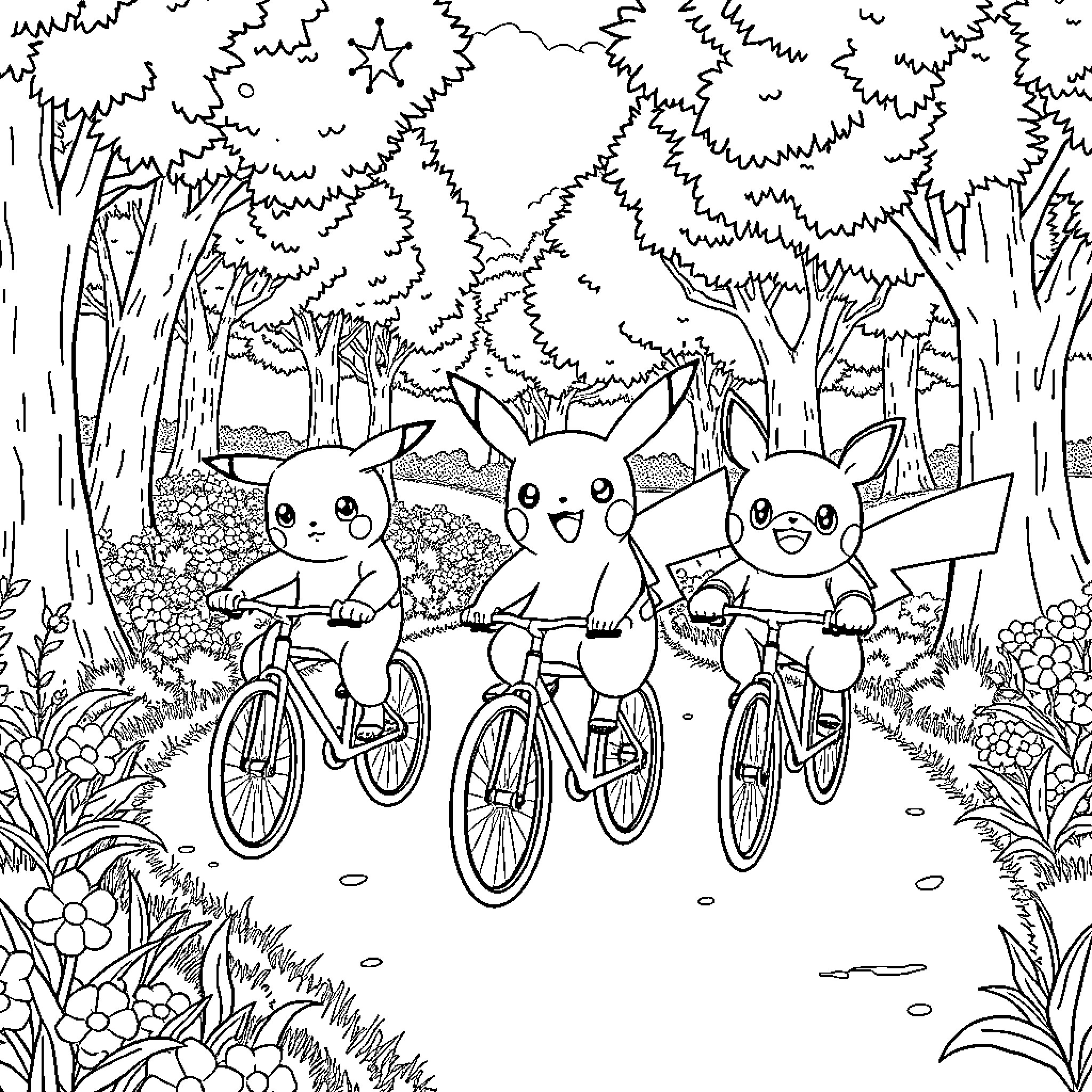 Bluey's Bicycle Adventure in the Enchanted Forest Coloring Page (free black-and-white line drawing printable PDF for all, from beginners to advanced learners, including children, teens, adults, and seniors)