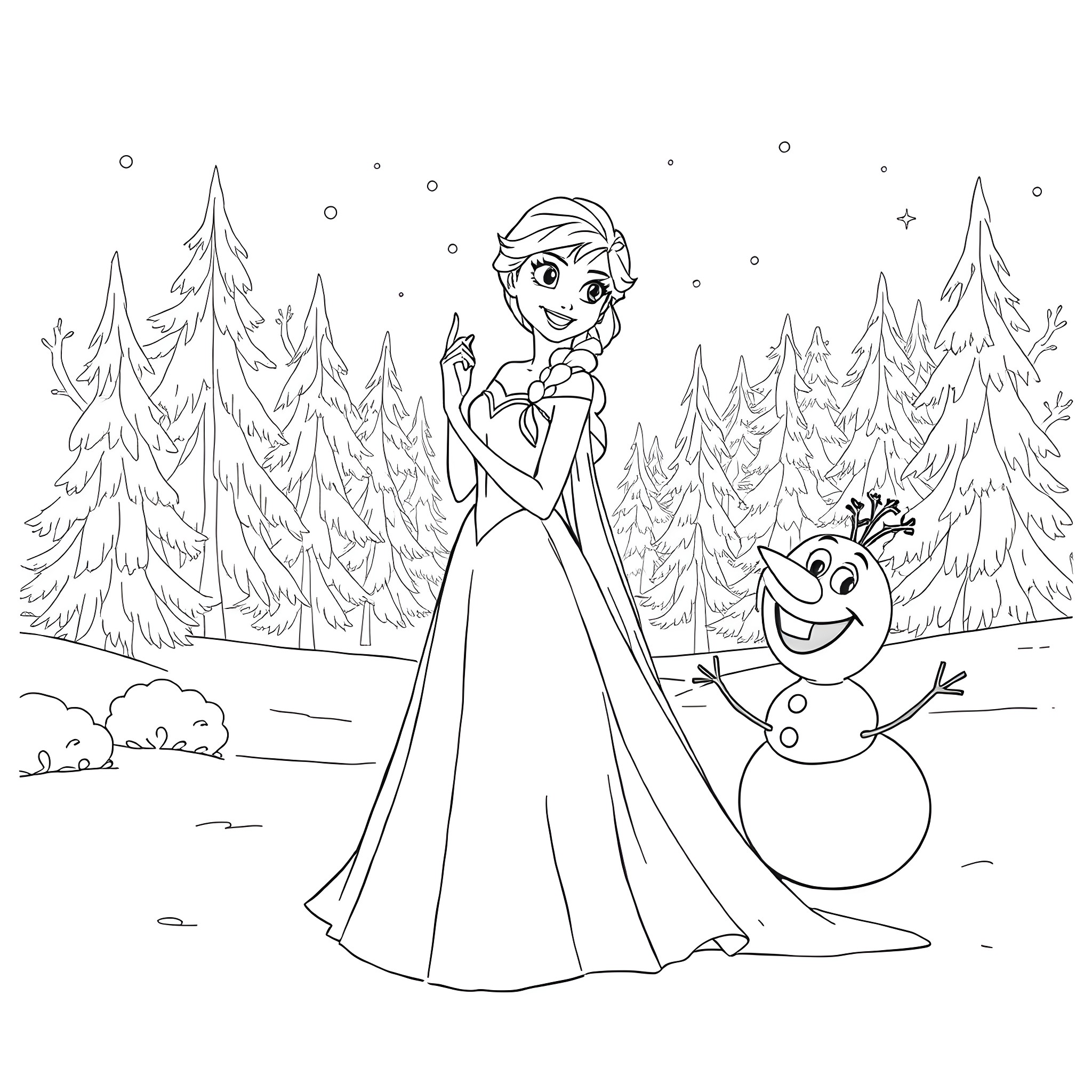 Elsa and Olaf enjoying the winter wonderland Coloring Page (free black-and-white line drawing printable PDF for all, from beginners to advanced learners, including children, teens, adults, and seniors)