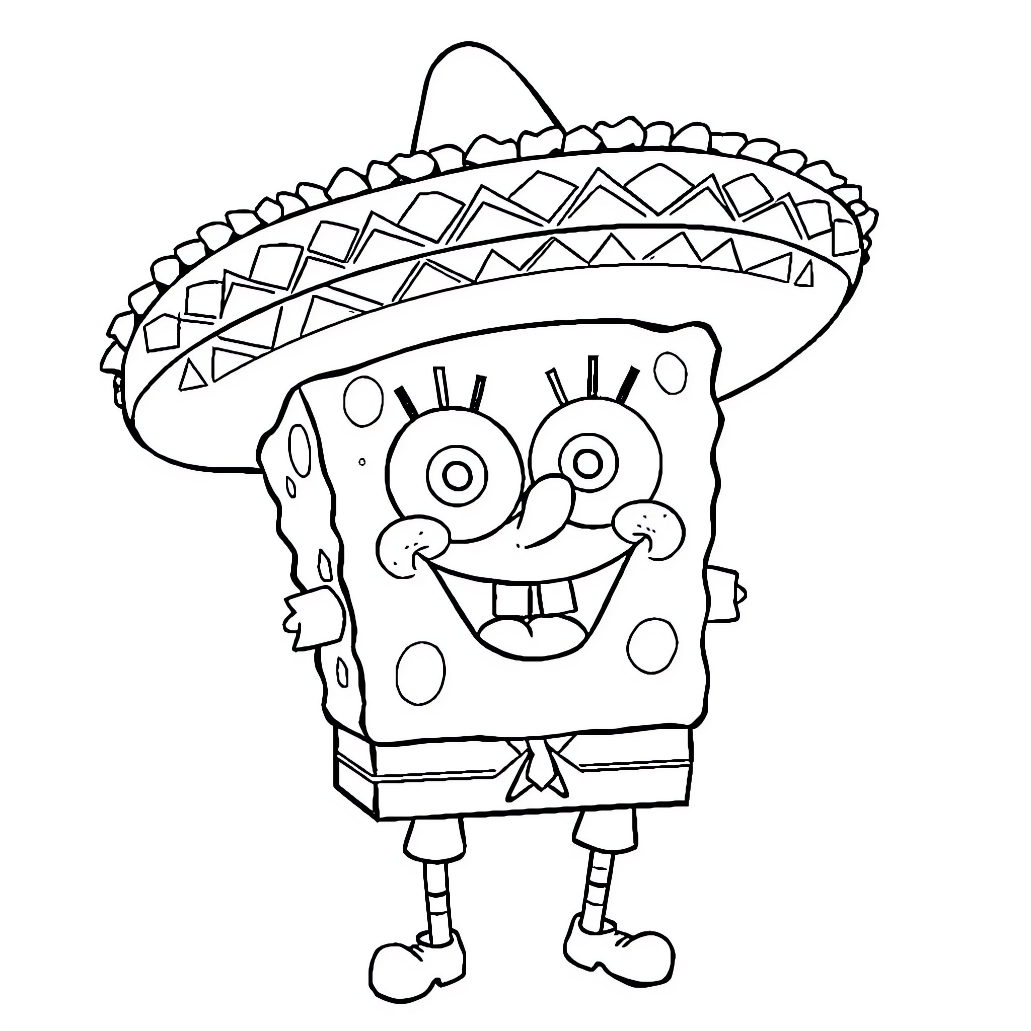 Spongebob wearing a festive sombrero Coloring Page (free black-and-white line drawing printable PDF for all, from beginners to advanced learners, including children, teens, adults, and seniors)