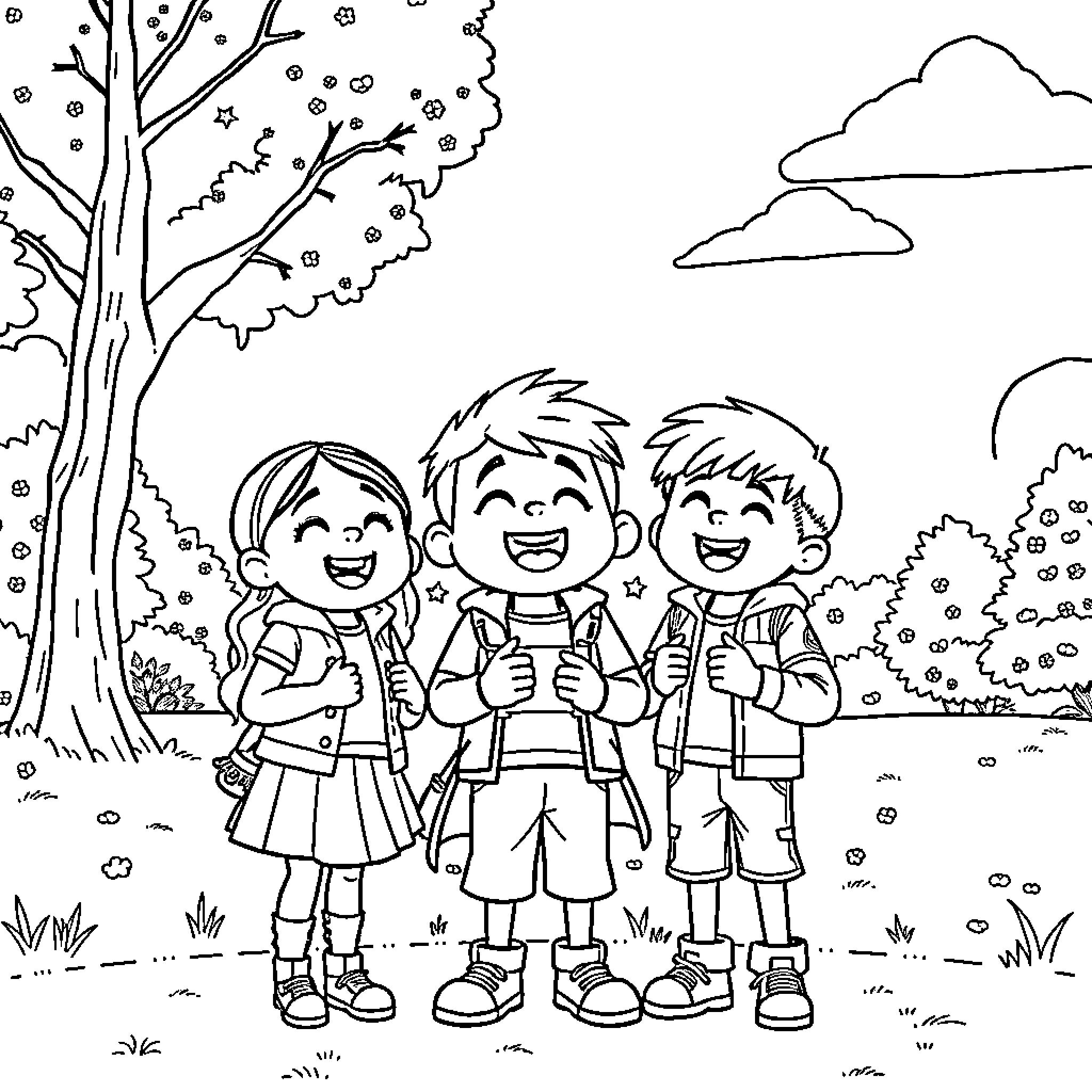 Bluey and Friends Explore the Outdoors Coloring Page (free black-and-white line drawing printable PDF for all, from beginners to advanced learners, including children, teens, adults, and seniors)
