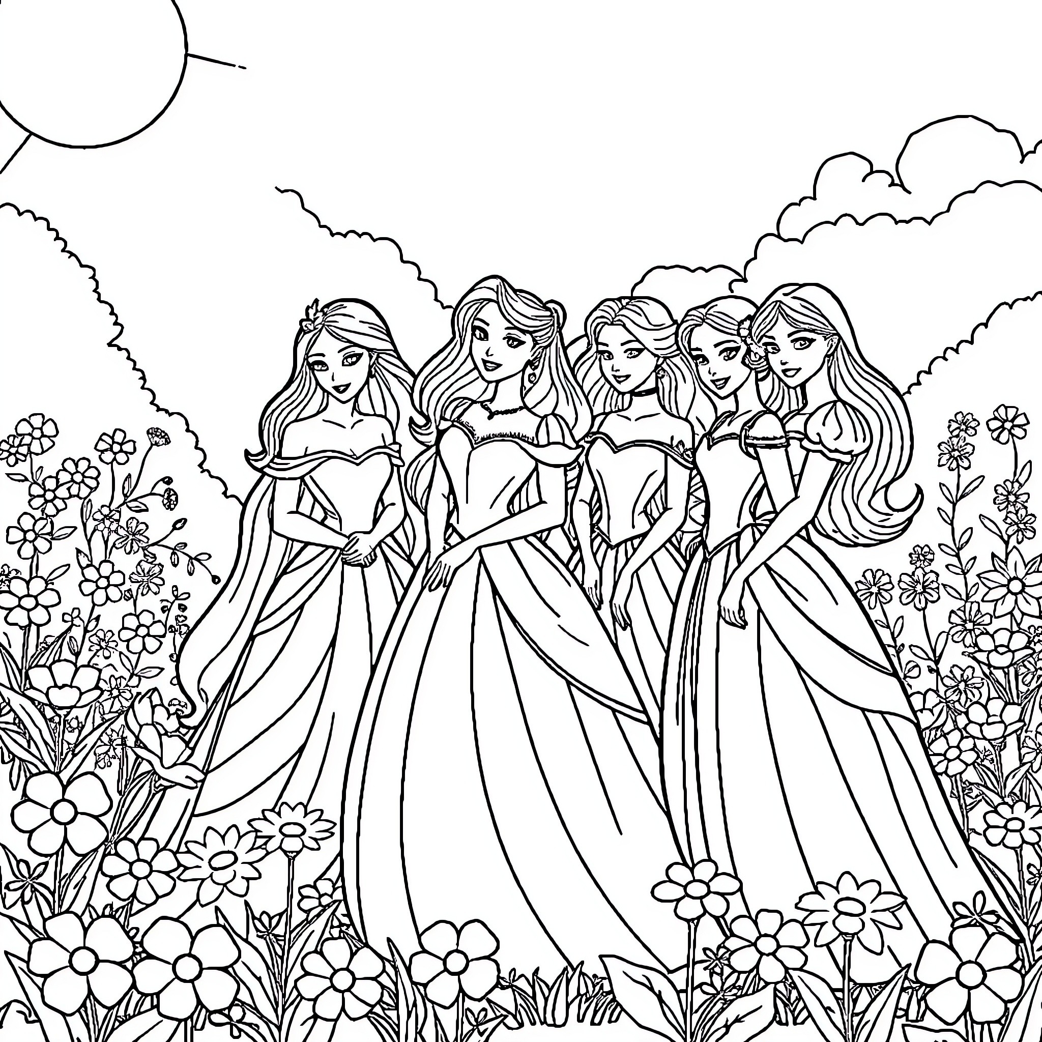 Princess and her royal companions in a magical garden Coloring Page (free black-and-white line drawing printable PDF for all, from beginners to advanced learners, including children, teens, adults, and seniors)