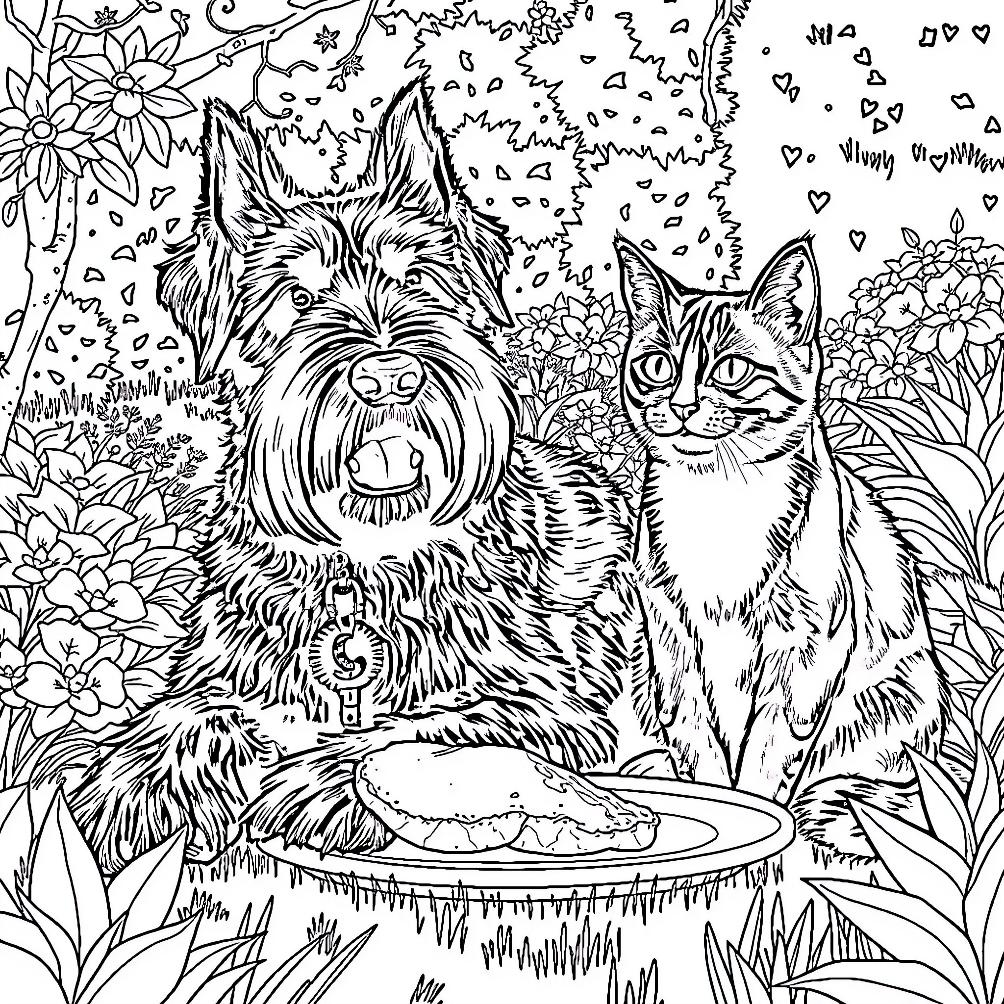 Bouvier Bernois enjoying nature with feline companion Coloring Page (free black-and-white line drawing printable PDF for all, from beginners to advanced learners, including children, teens, adults, and seniors)