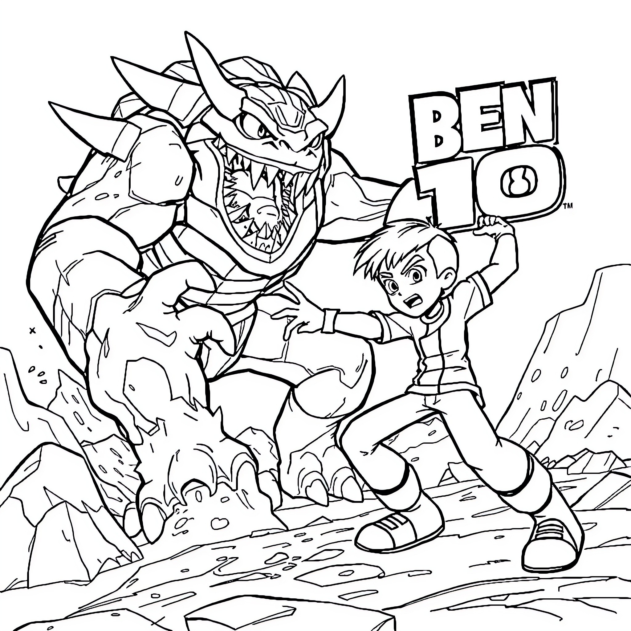Ben 10 battling a ferocious alien creature Coloring Page (free black-and-white line drawing printable PDF for all, from beginners to advanced learners, including children, teens, adults, and seniors)