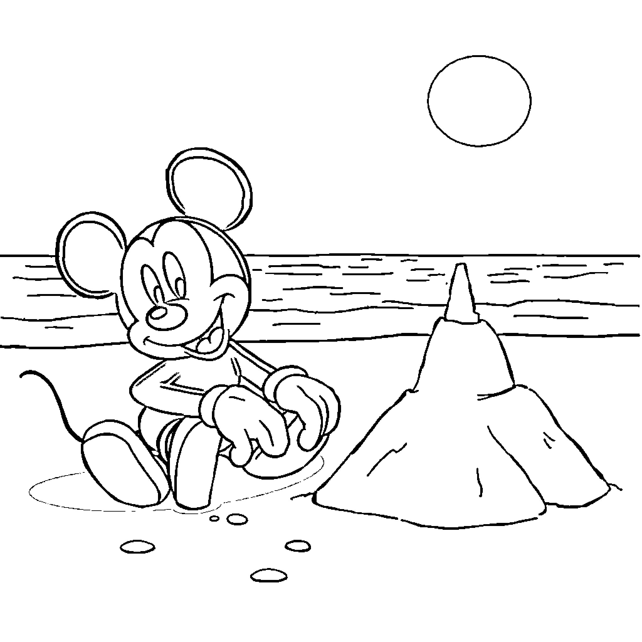 Mickey Mouse playing in the beach Coloring Page (free black-and-white line drawing printable PDF for all, from beginners to advanced learners, including children, teens, adults, and seniors)