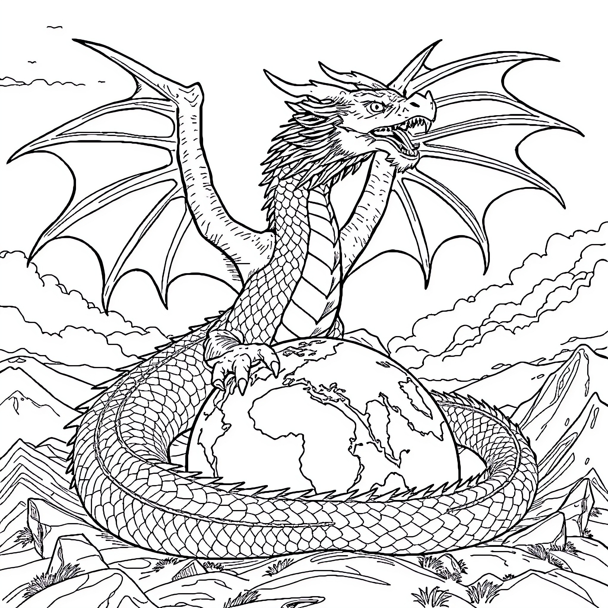 Dragon guarding the world with outstretched wings Coloring Page (free black-and-white line drawing printable PDF for all, from beginners to advanced learners, including children, teens, adults, and seniors)