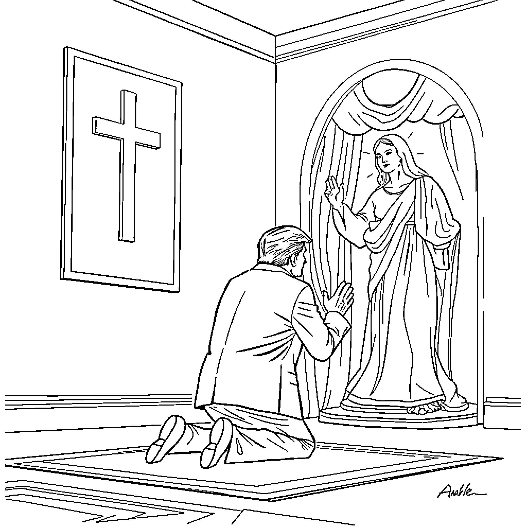 Trump prays in church before the Virgin Mary Coloring Page (free black-and-white line drawing printable PDF for all, from beginners to advanced learners, including children, teens, adults, and seniors)