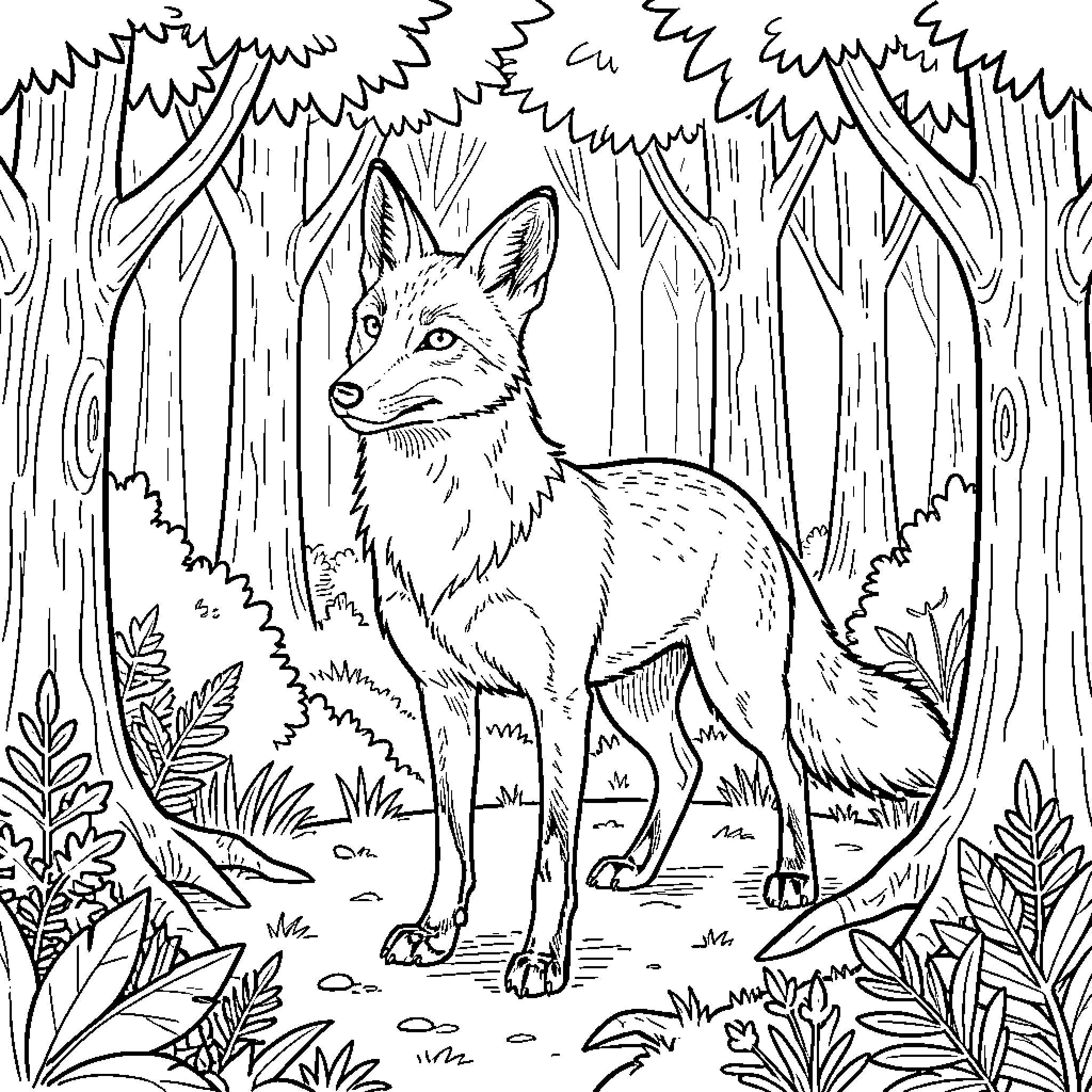 Fox standing alertly in a lush forest Coloring Page (free black-and-white line drawing printable PDF for all, from beginners to advanced learners, including children, teens, adults, and seniors)