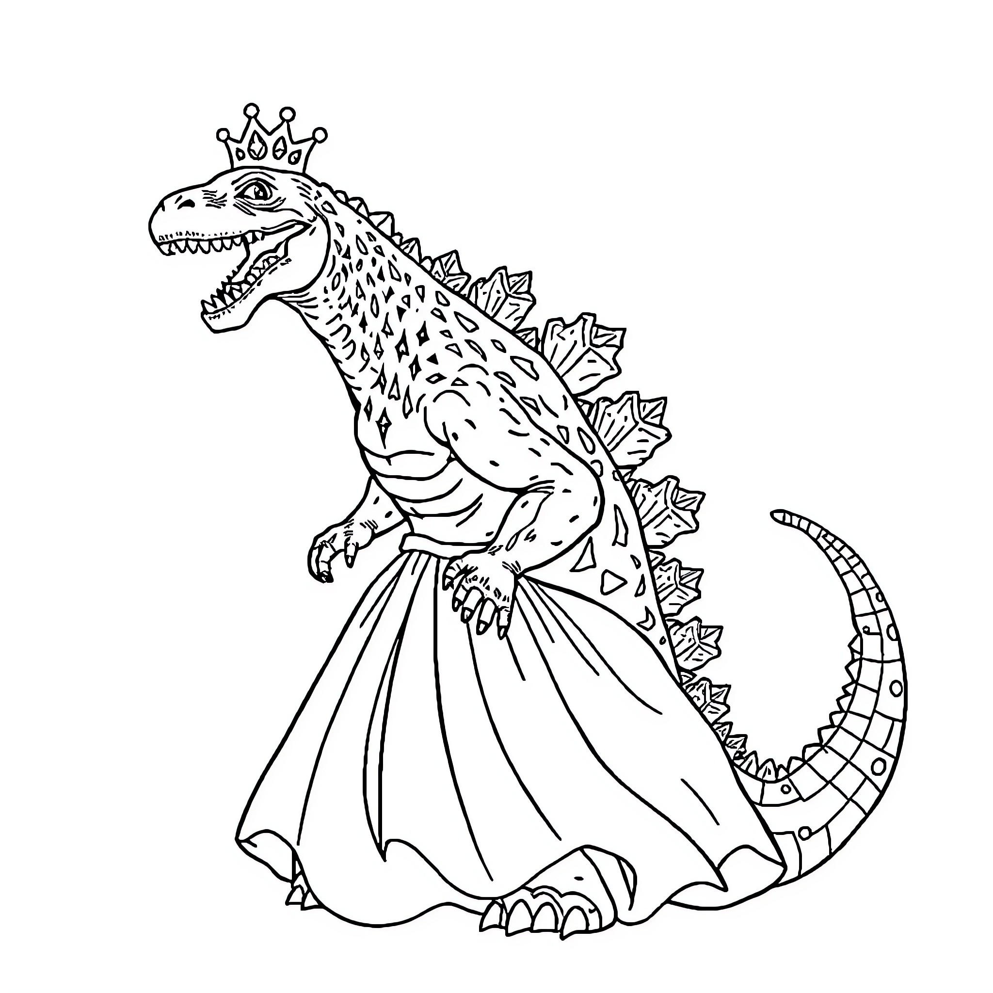 Godzilla in a Regal Outfit Coloring Page (free black-and-white line drawing printable PDF for all, from beginners to advanced learners, including children, teens, adults, and seniors)