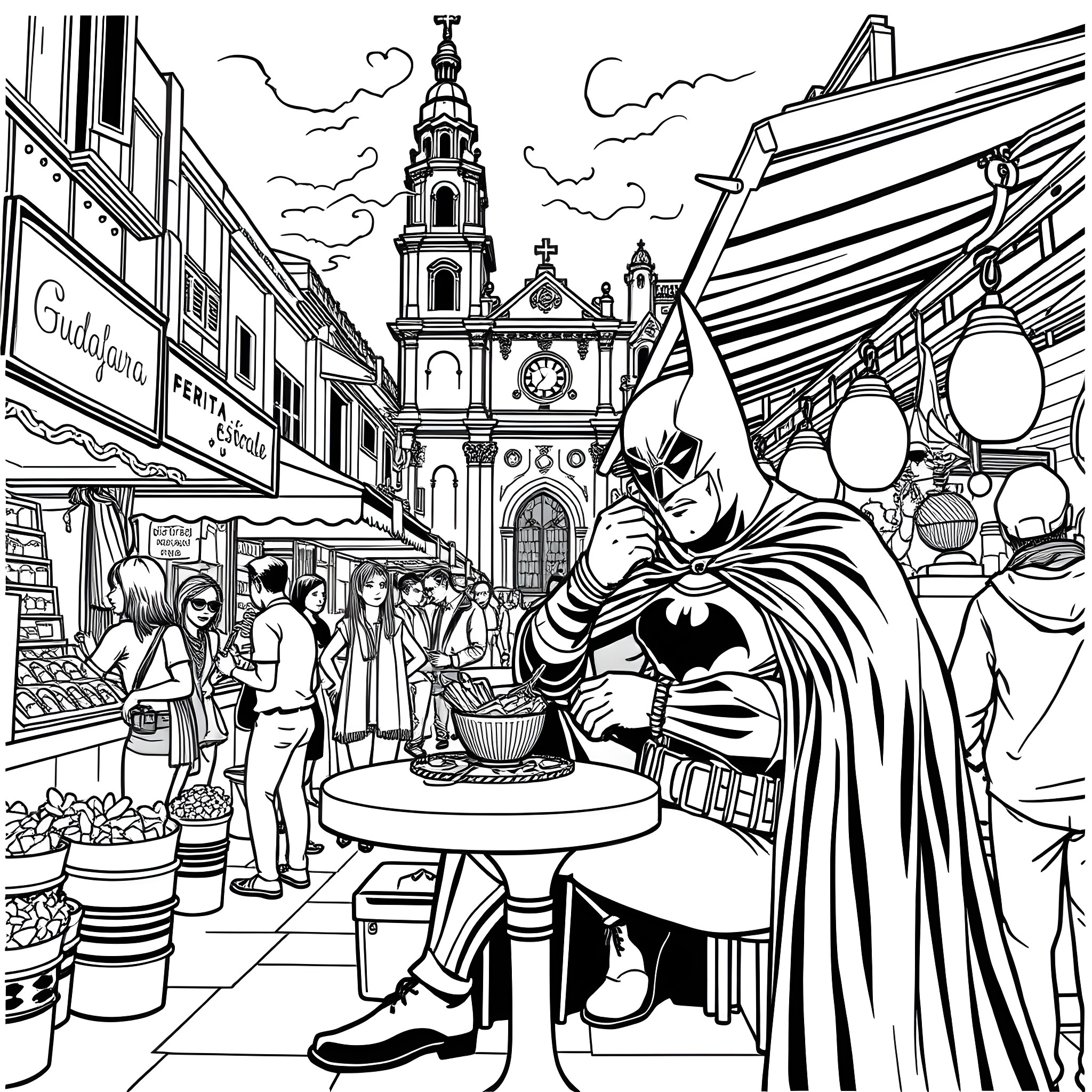 Batman observing a lively market scene in the city Coloring Page (free black-and-white line drawing printable PDF for all, from beginners to advanced learners, including children, teens, adults, and seniors)