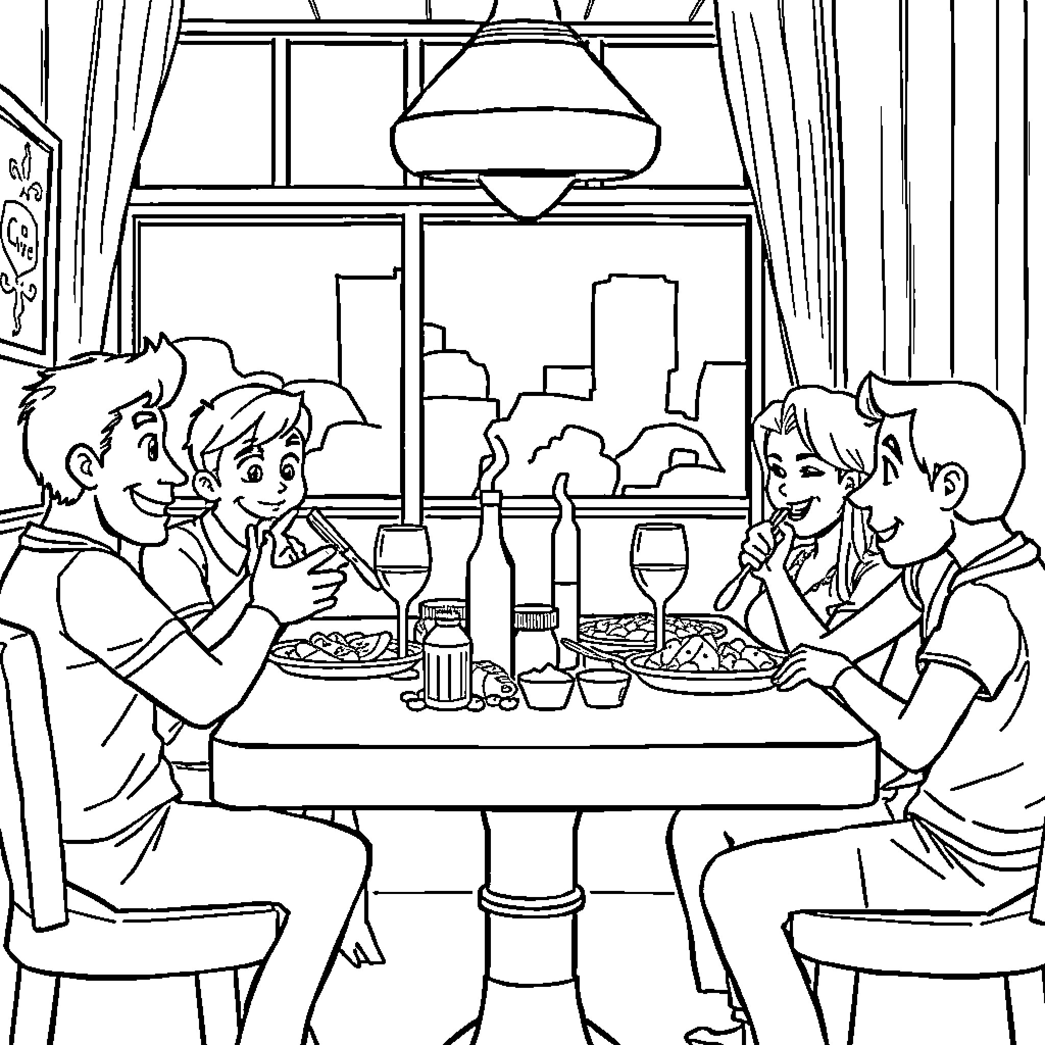 Lightning McQueen Enjoys a Dinner with Friends Coloring Page (free black-and-white line drawing printable PDF for all, from beginners to advanced learners, including children, teens, adults, and seniors)