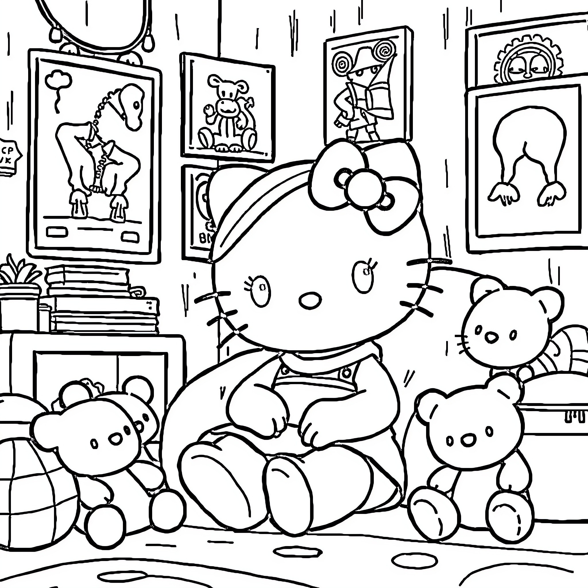 Hello Kitty playing with stuffed animals in her room Coloring Page (free black-and-white line drawing printable PDF for all, from beginners to advanced learners, including children, teens, adults, and seniors)