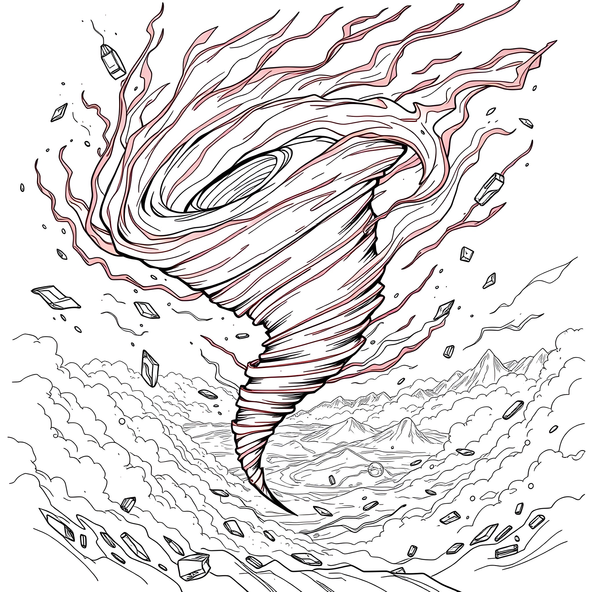 Tornado of swirling energy and debris Coloring Page (free black-and-white line drawing printable PDF for all, from beginners to advanced learners, including children, teens, adults, and seniors)