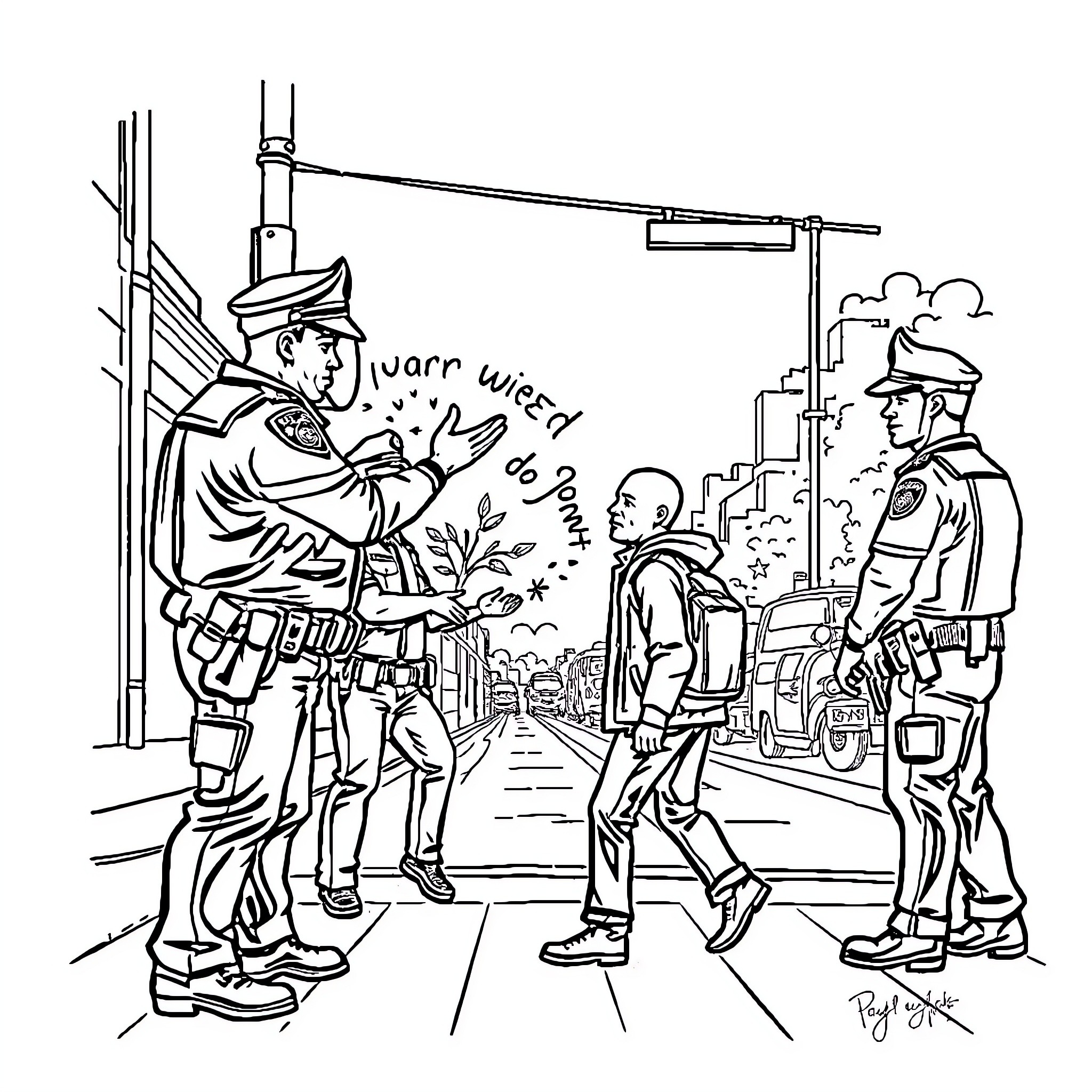 Police Officers Interacting with Citizens on Street Coloring Page (free black-and-white line drawing printable PDF for all, from beginners to advanced learners, including children, teens, adults, and seniors)