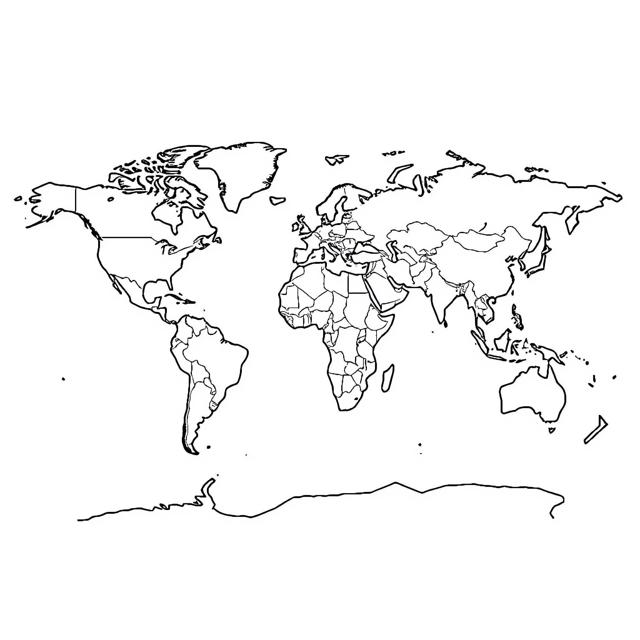 Continent Outline of the World Map Coloring Page (free black-and-white line drawing printable PDF for all, from beginners to advanced learners, including children, teens, adults, and seniors)