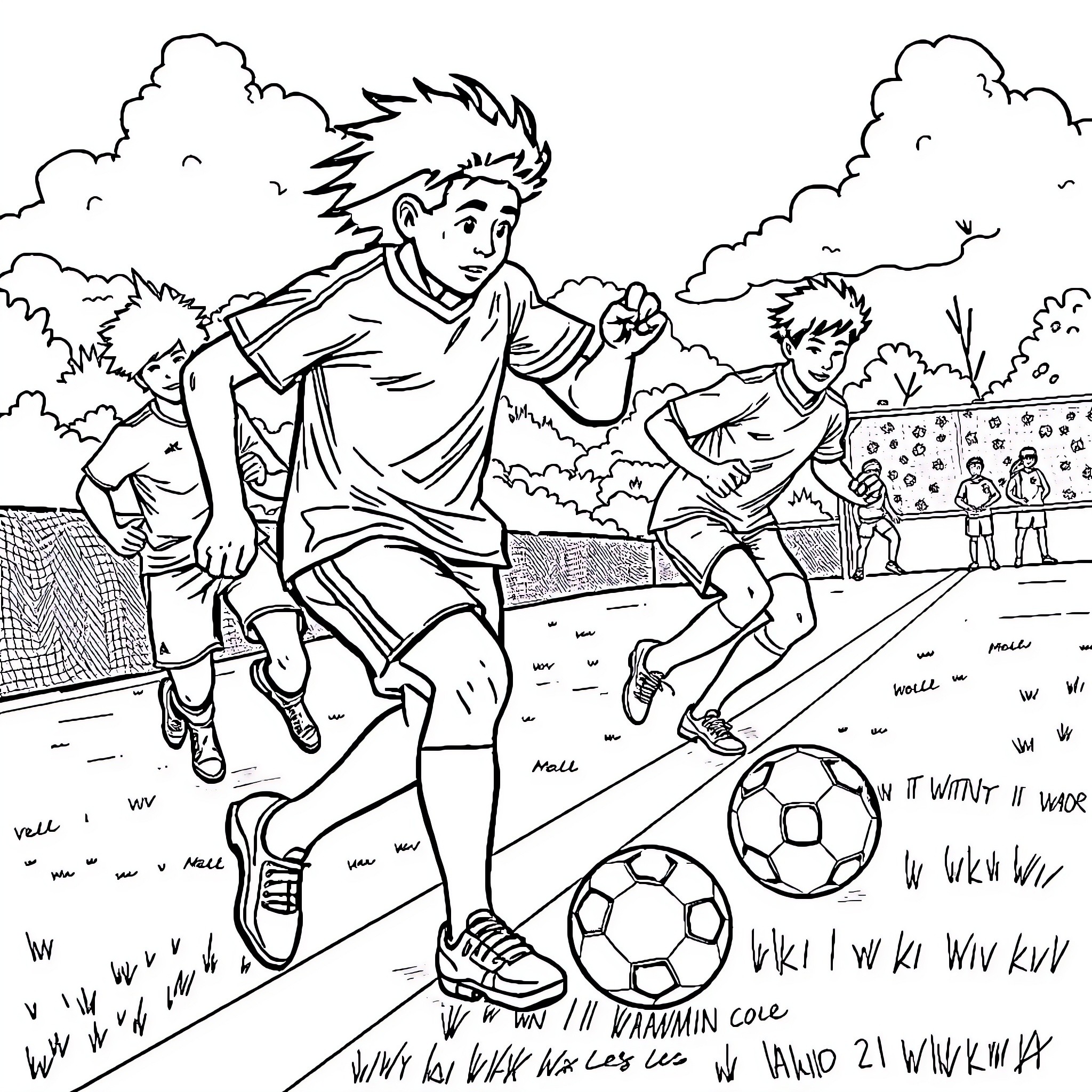 Chase of the soccer ball on the field Coloring Page (free black-and-white line drawing printable PDF for all, from beginners to advanced learners, including children, teens, adults, and seniors)