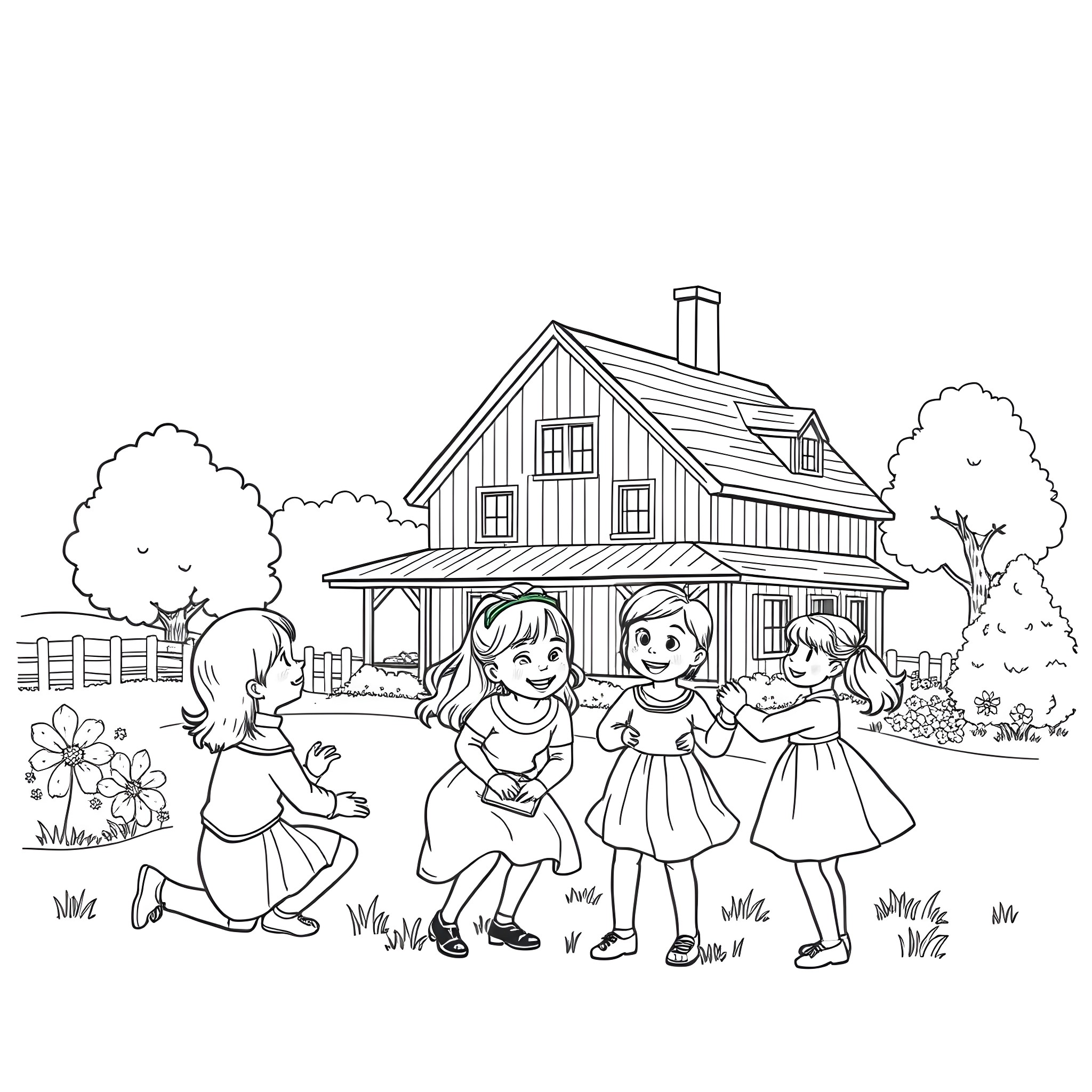 Family playing together in the countryside Coloring Page (free black-and-white line drawing printable PDF for all, from beginners to advanced learners, including children, teens, adults, and seniors)