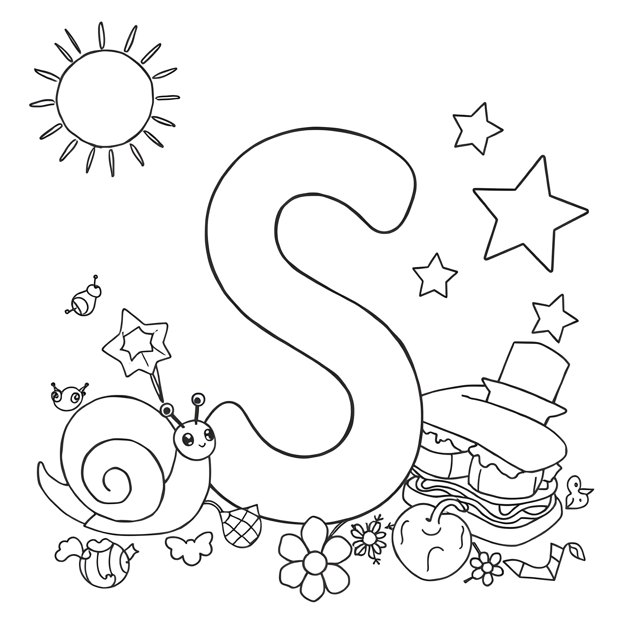 Letter S with playful critters and nature elements Coloring Page (free black-and-white line drawing printable PDF for all, from beginners to advanced learners, including children, teens, adults, and seniors)