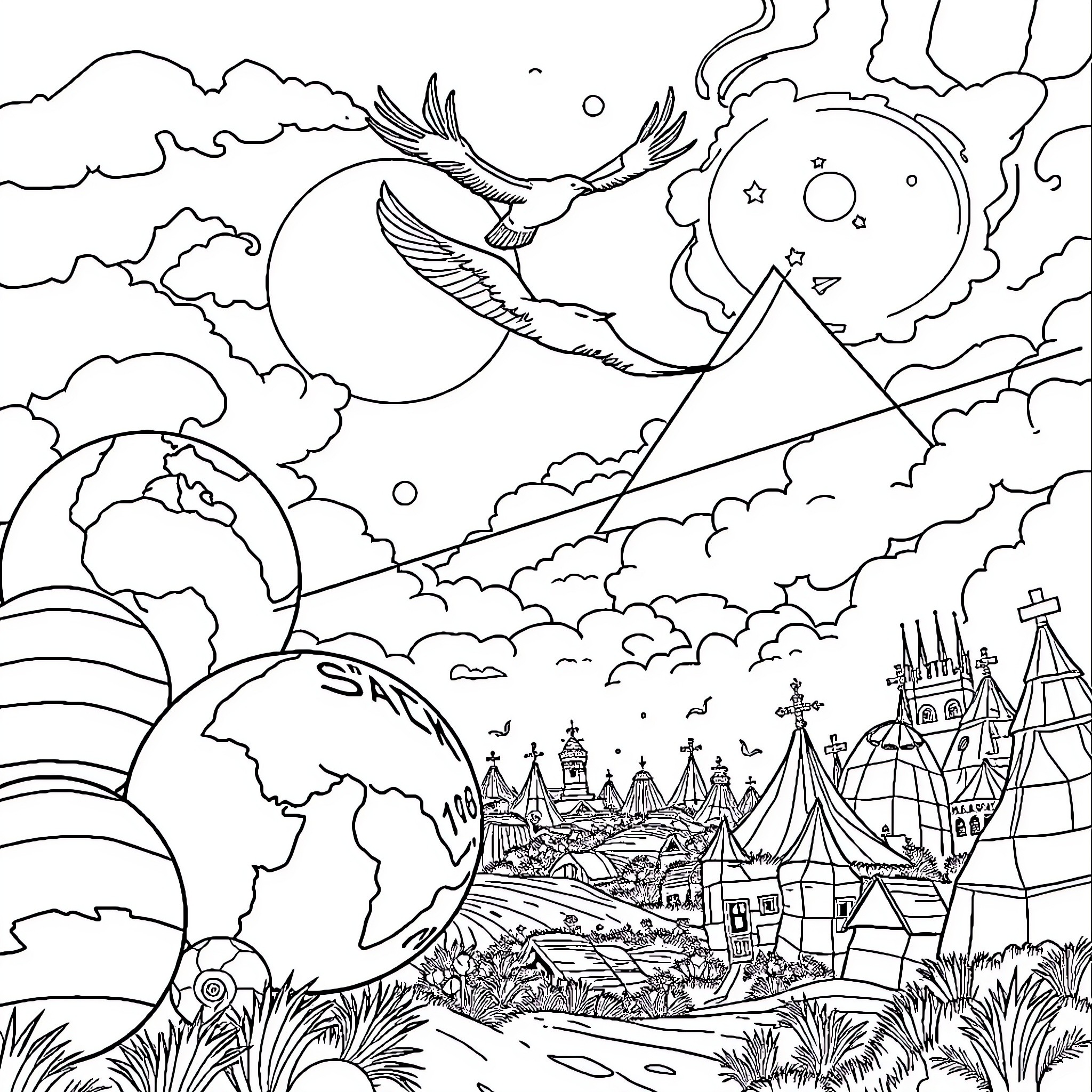 Countryball in mystical landscape with celestial bodies Coloring Page (free black-and-white line drawing printable PDF for all, from beginners to advanced learners, including children, teens, adults, and seniors)