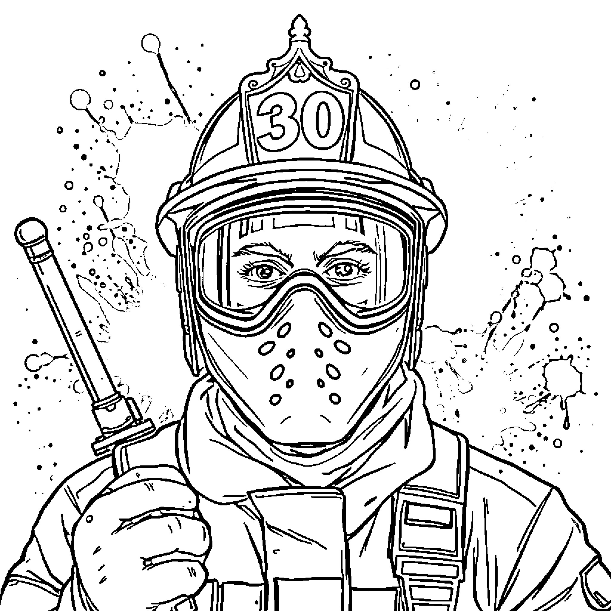 Firefighter in protective gear and mask Coloring Page (free black-and-white line drawing printable PDF for all, from beginners to advanced learners, including children, teens, adults, and seniors)
