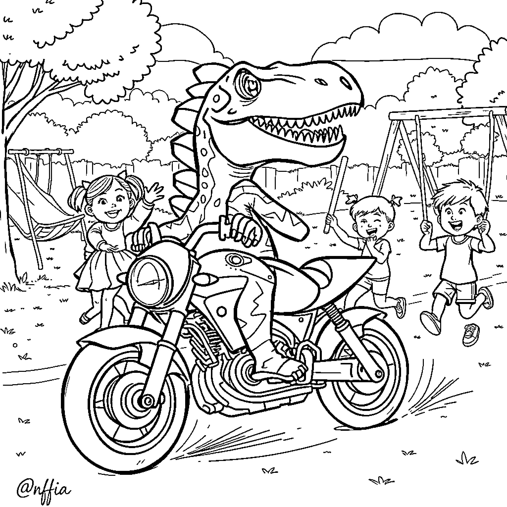 Dinosaur chasing children on a motorcycle in the park Coloring Page (free black-and-white line drawing printable PDF for all, from beginners to advanced learners, including children, teens, adults, and seniors)