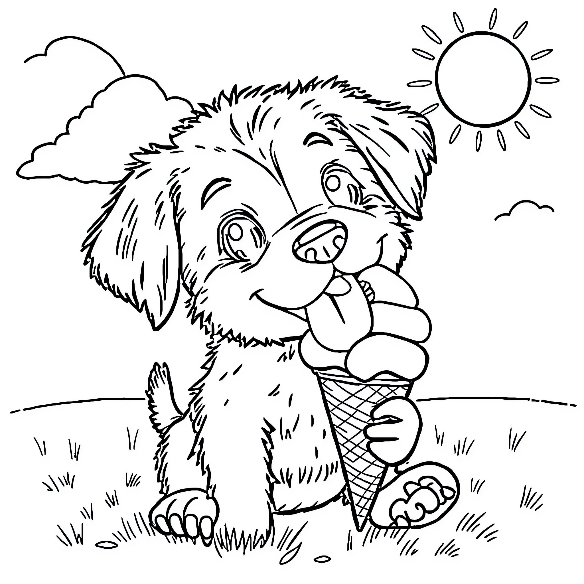 Puppy enjoying an ice cream cone on a sunny day Coloring Page (free black-and-white line drawing printable PDF for all, from beginners to advanced learners, including children, teens, adults, and seniors)