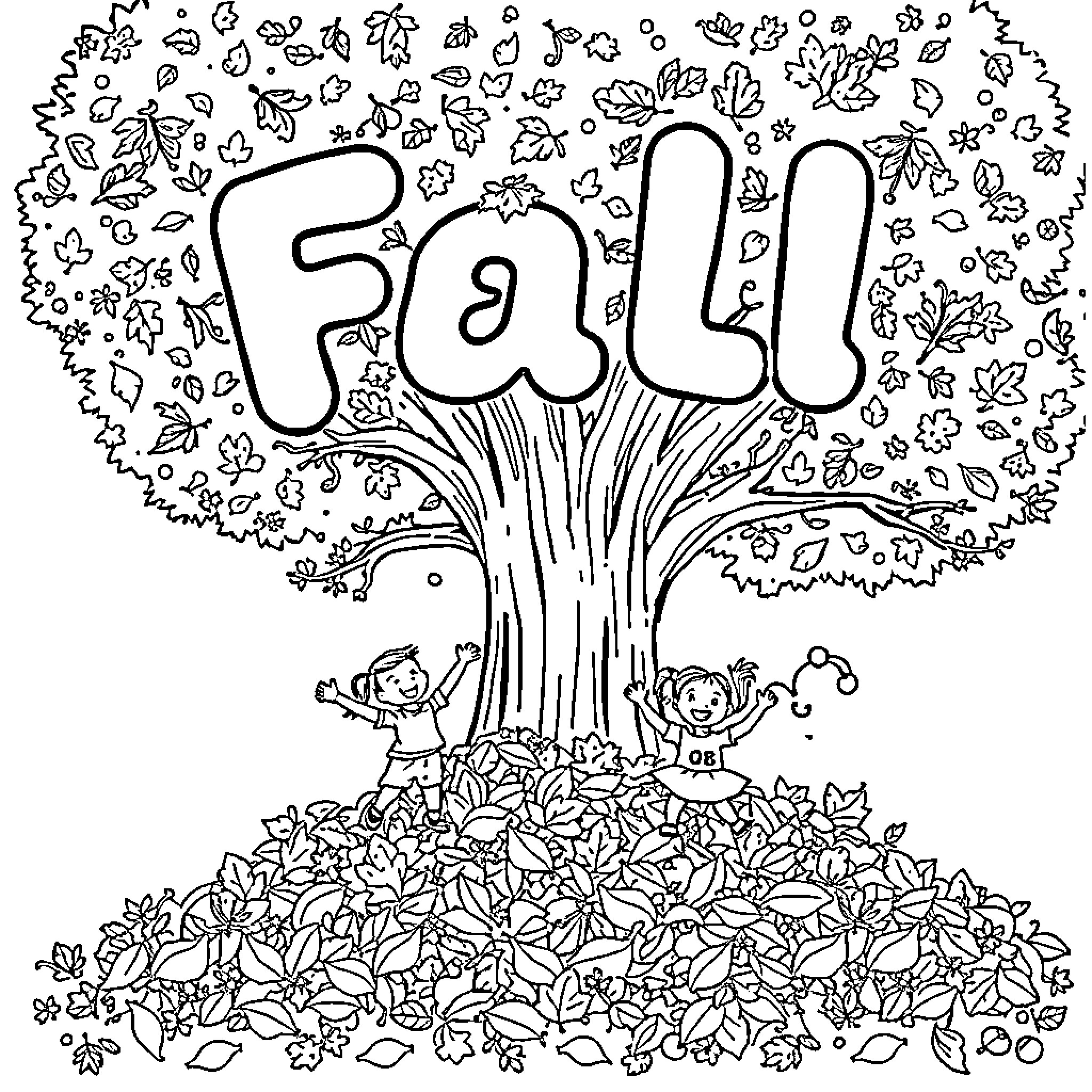 Fall season fun with children playing in leaves Coloring Page (free black-and-white line drawing printable PDF for all, from beginners to advanced learners, including children, teens, adults, and seniors)
