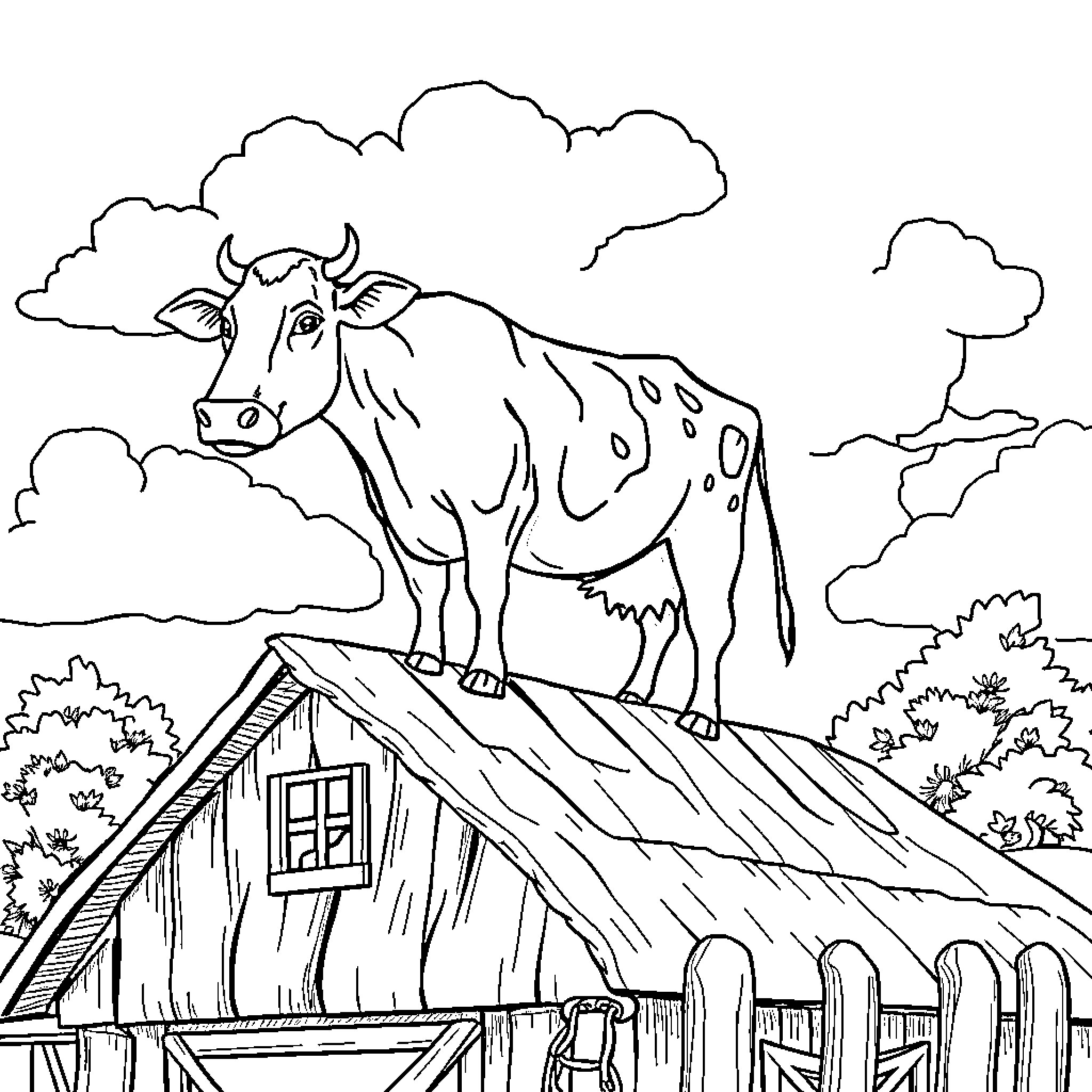 Cow standing atop a rustic barn in the countryside Coloring Page (free black-and-white line drawing printable PDF for all, from beginners to advanced learners, including children, teens, adults, and seniors)