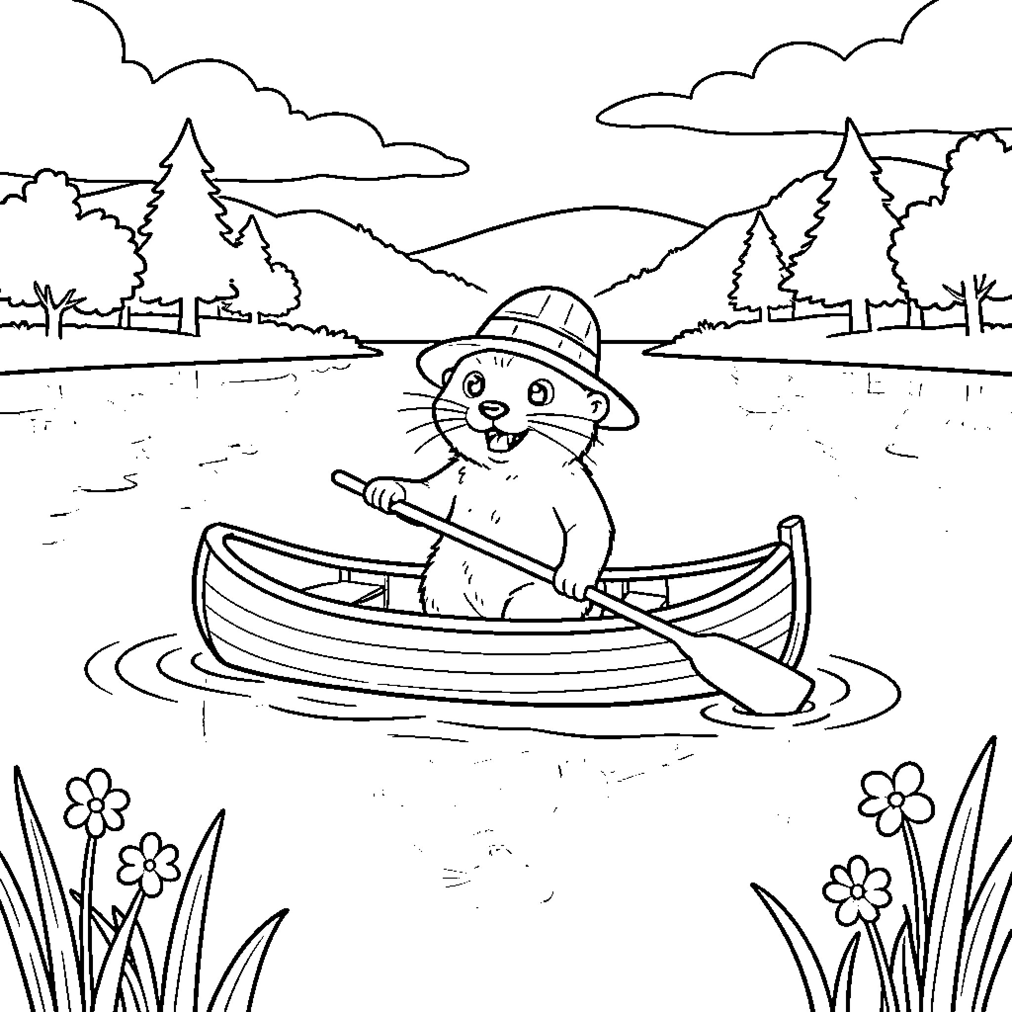 Otter rowing boat on lake in nature Coloring Page (free black-and-white line drawing printable PDF for all, from beginners to advanced learners, including children, teens, adults, and seniors)