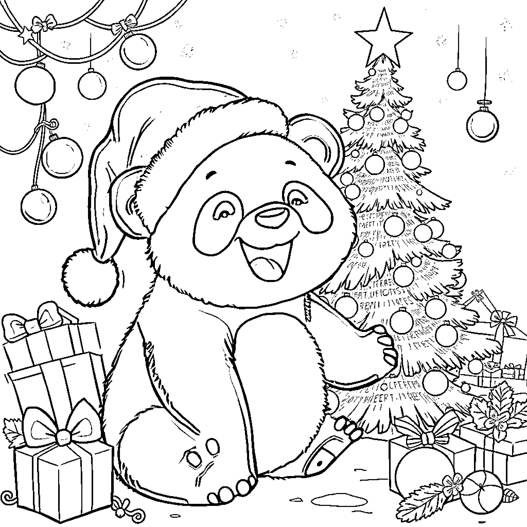 Panda Celebrating Christmas with Tree and Gifts Coloring Page (free black-and-white line drawing printable PDF for all, from beginners to advanced learners, including children, teens, adults, and seniors)