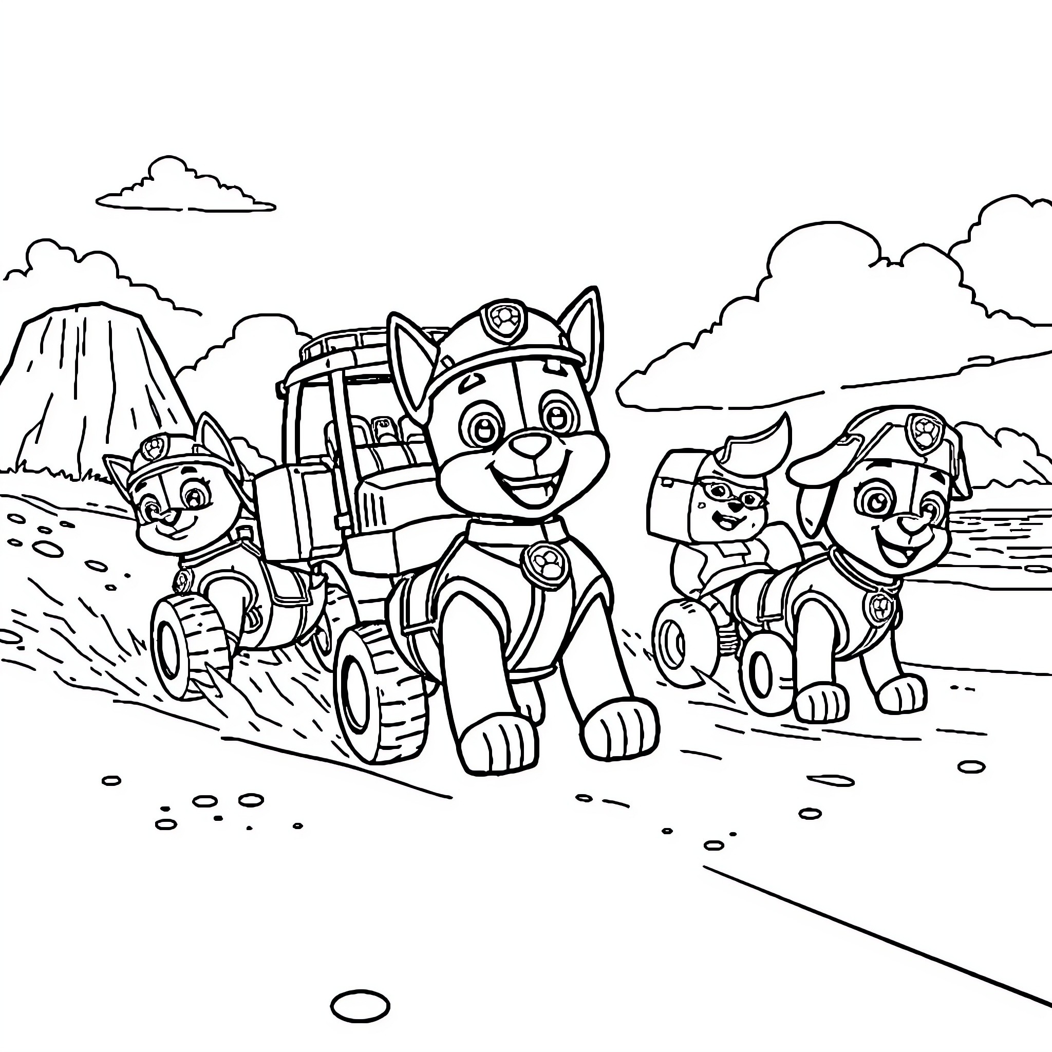 Paw Patrol Rescue Pups on Adventure Coloring Page (free black-and-white line drawing printable PDF for all, from beginners to advanced learners, including children, teens, adults, and seniors)