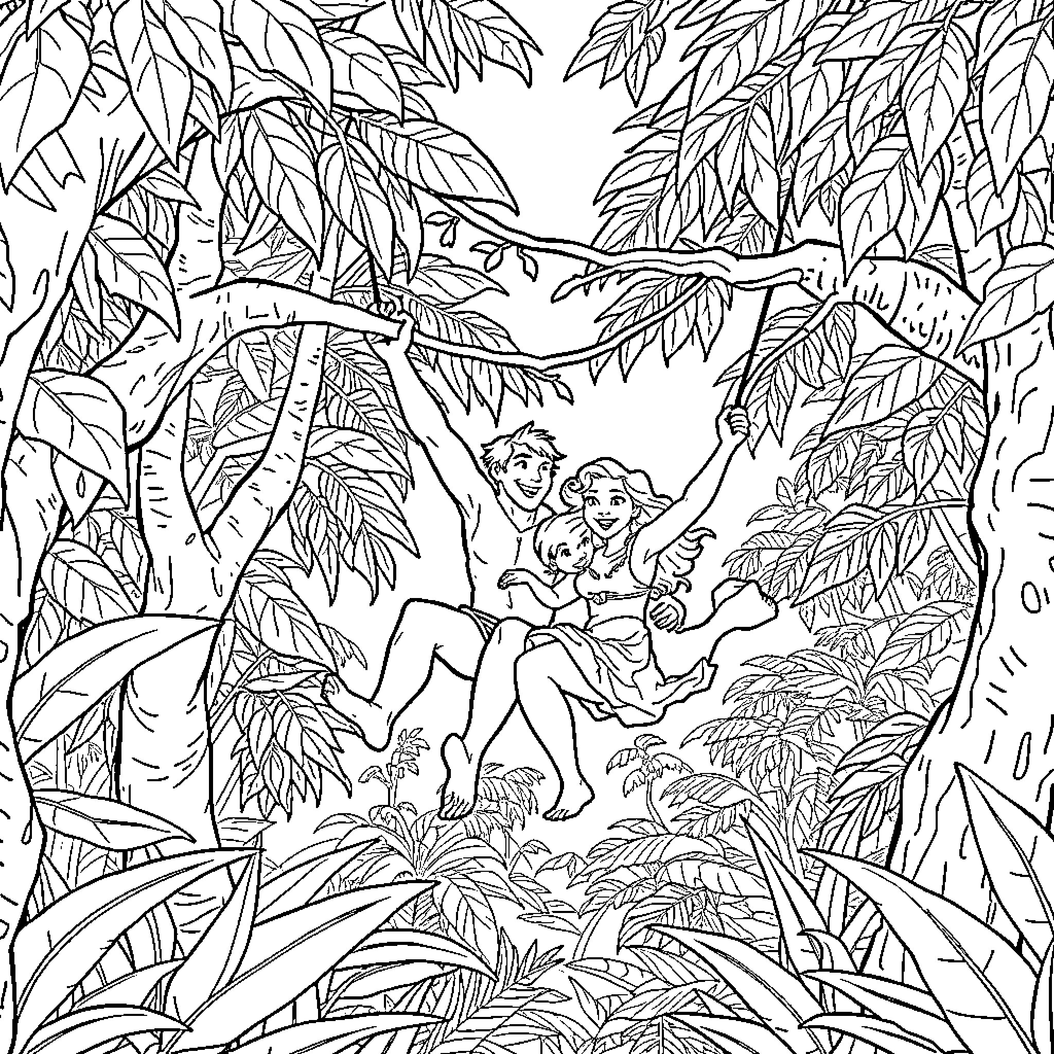 Tarzan swinging through the lush jungle with friends Coloring Page (free black-and-white line drawing printable PDF for all, from beginners to advanced learners, including children, teens, adults, and seniors)