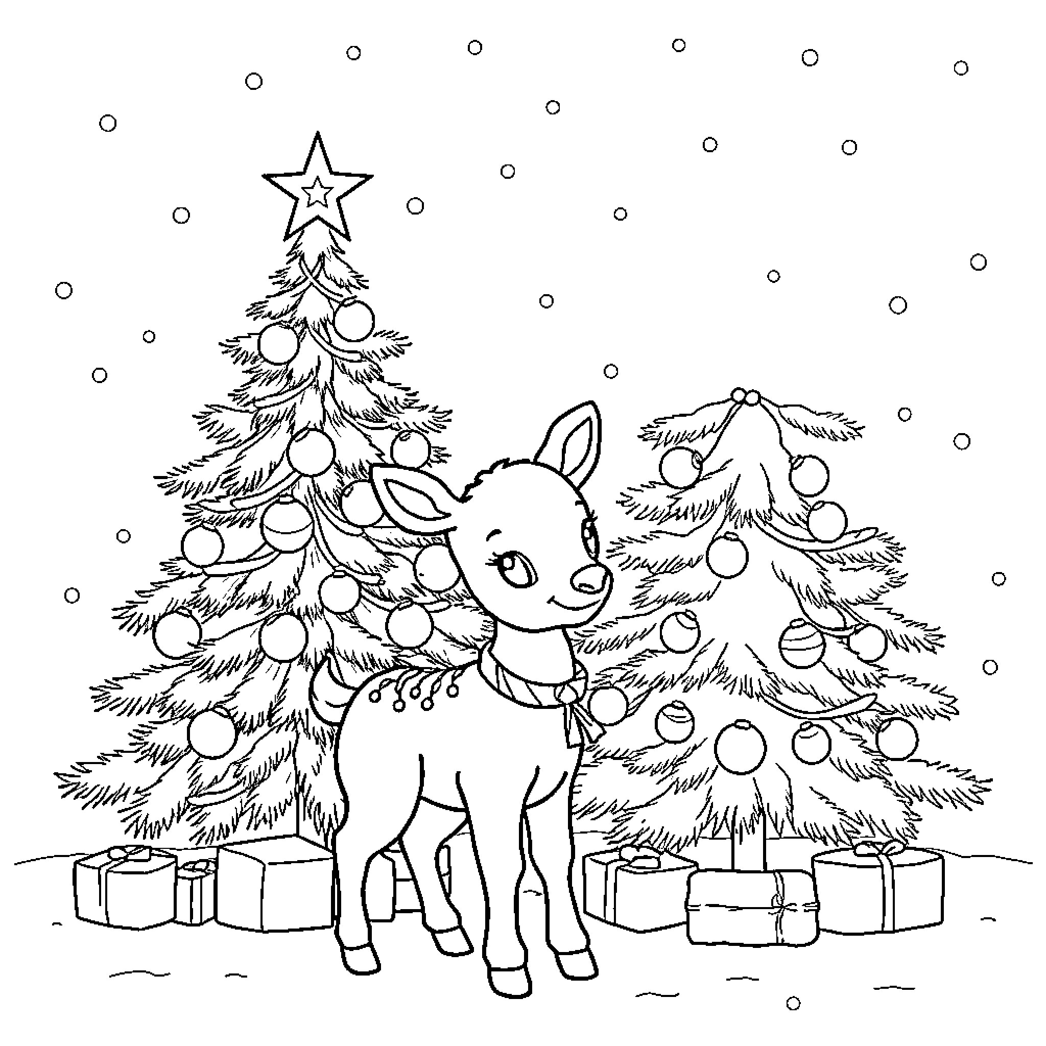 Reindeer decorating festive Christmas trees Coloring Page (free black-and-white line drawing printable PDF for all, from beginners to advanced learners, including children, teens, adults, and seniors)
