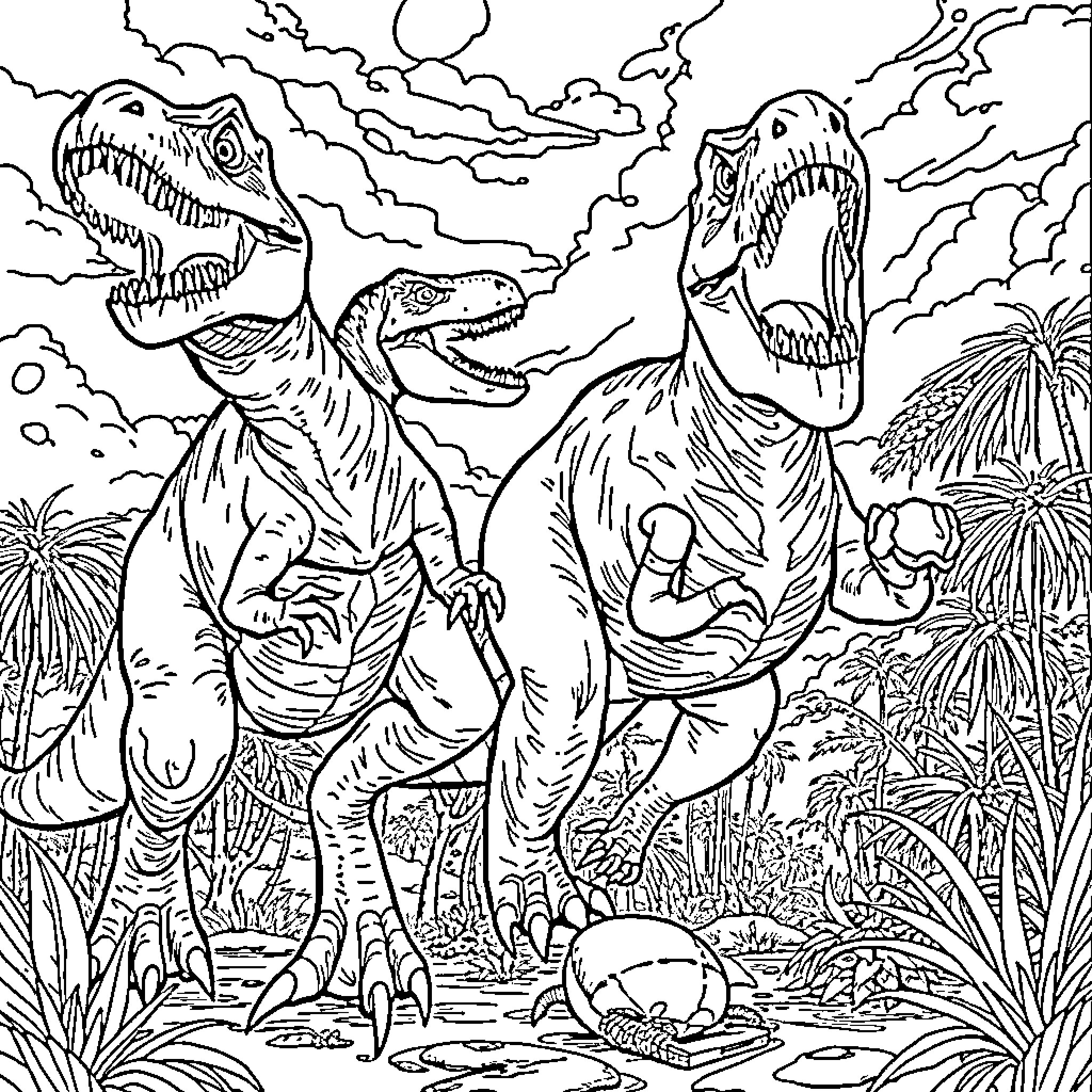 Velociraptor dinosaurs battling in a prehistoric landscape Coloring Page (free black-and-white line drawing printable PDF for all, from beginners to advanced learners, including children, teens, adults, and seniors)